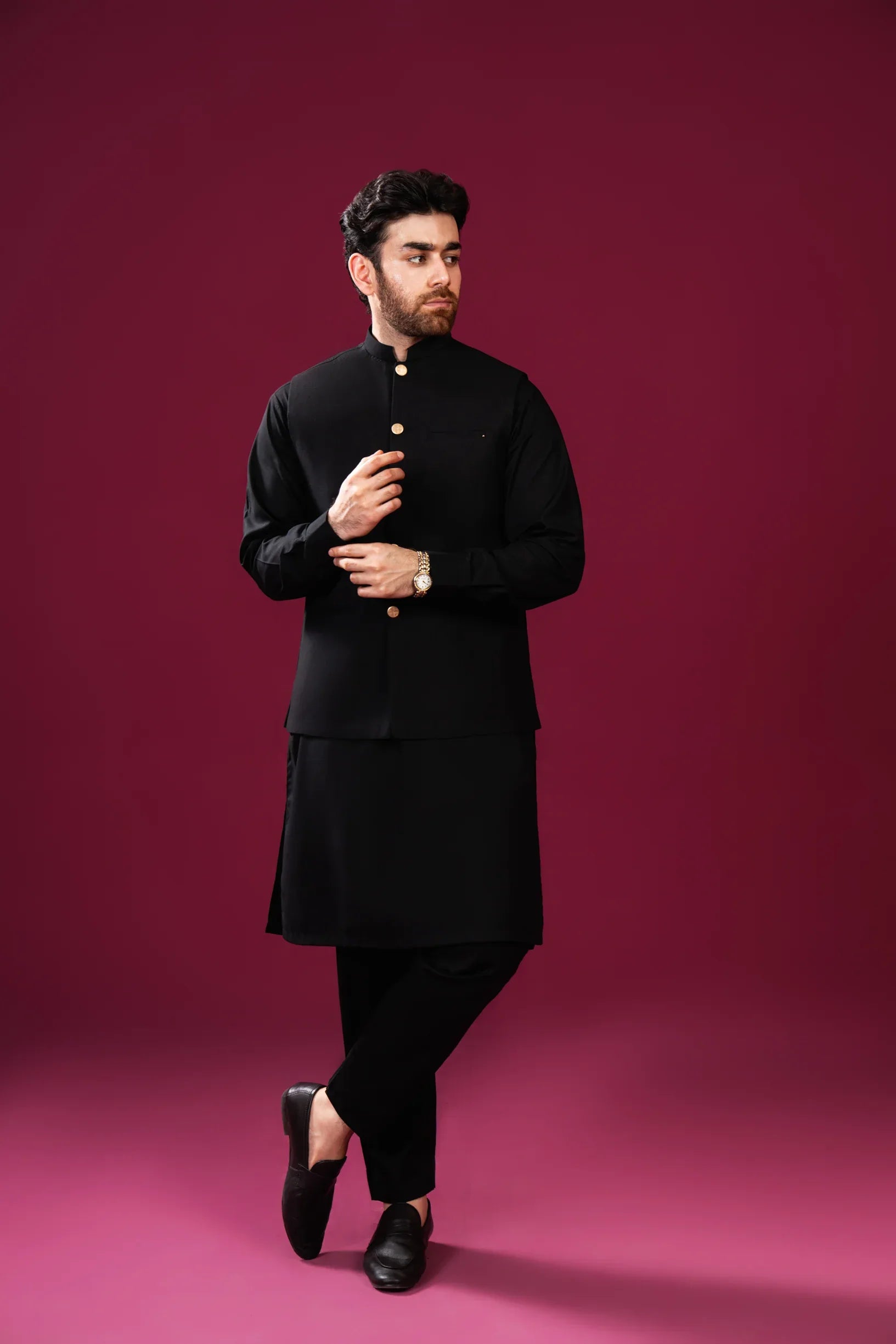 Black Kurta Trouser with Blended Waistcoat - Straight Cut - Men - Muraqsh -- Menswear