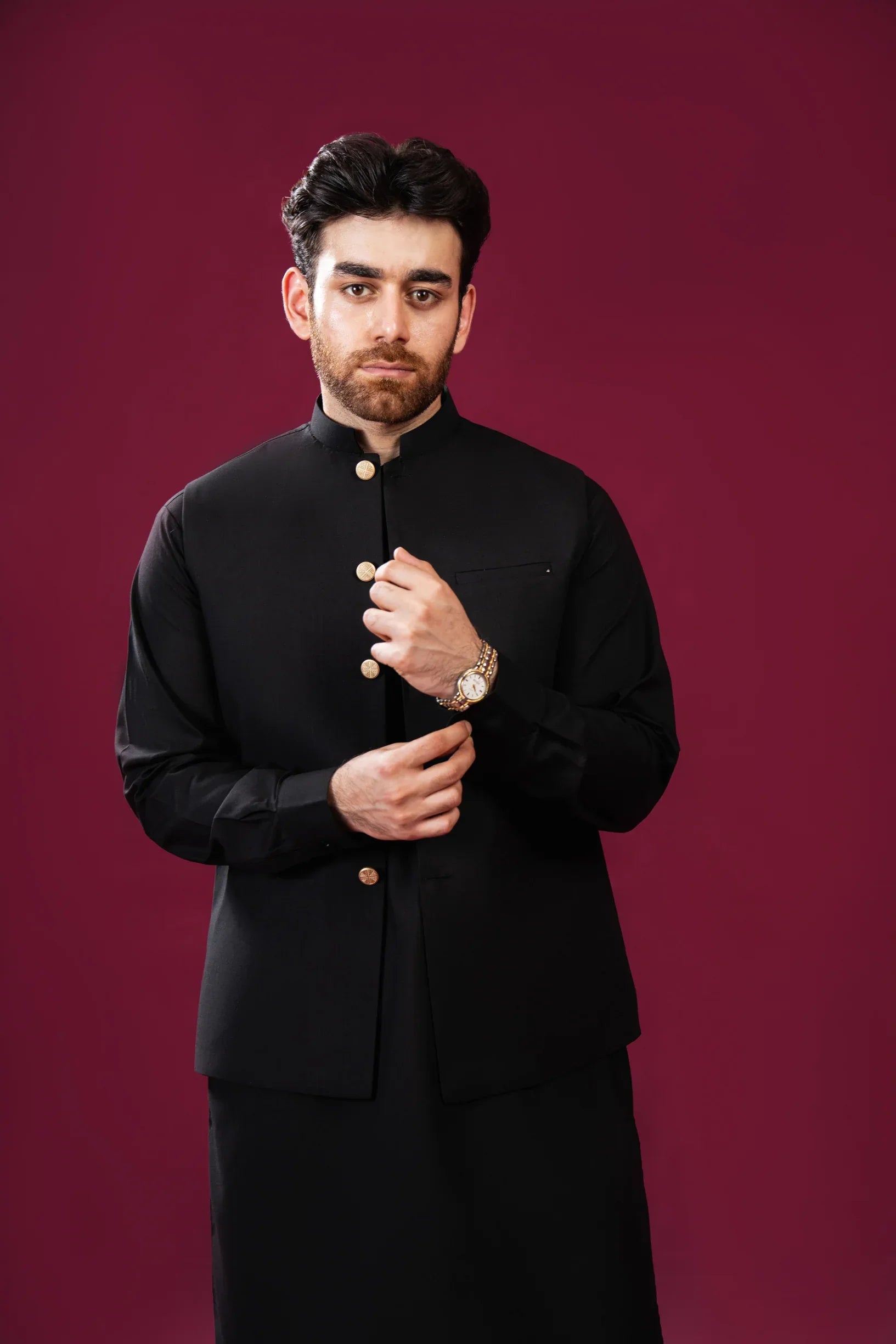 Black Kurta Trouser with Blended Waistcoat - Straight Cut - Men - Muraqsh -- Menswear