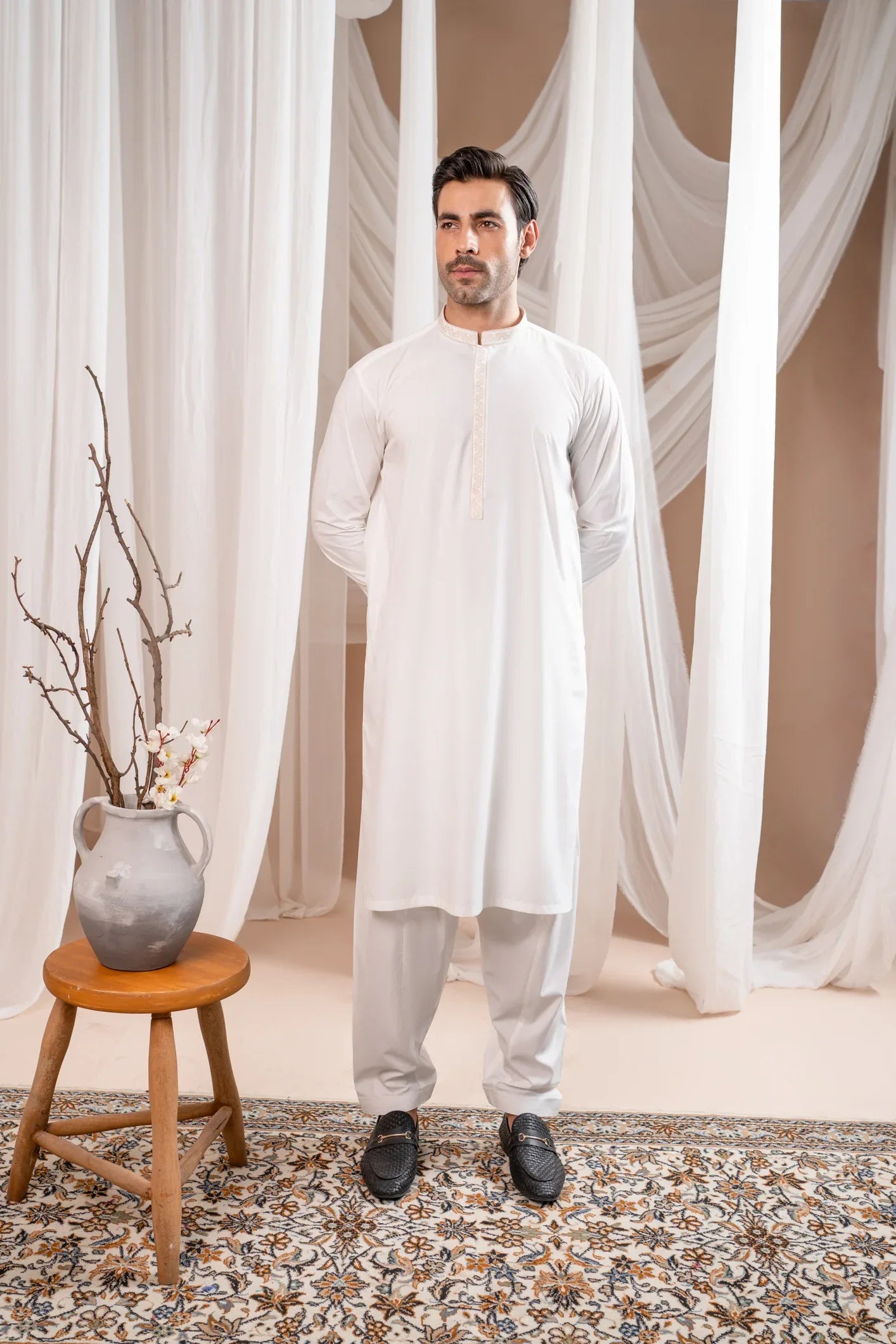 Formal Off White Kurta Shalwar - Collar Neck Embroidered - Men - Muraqsh -- Menswear