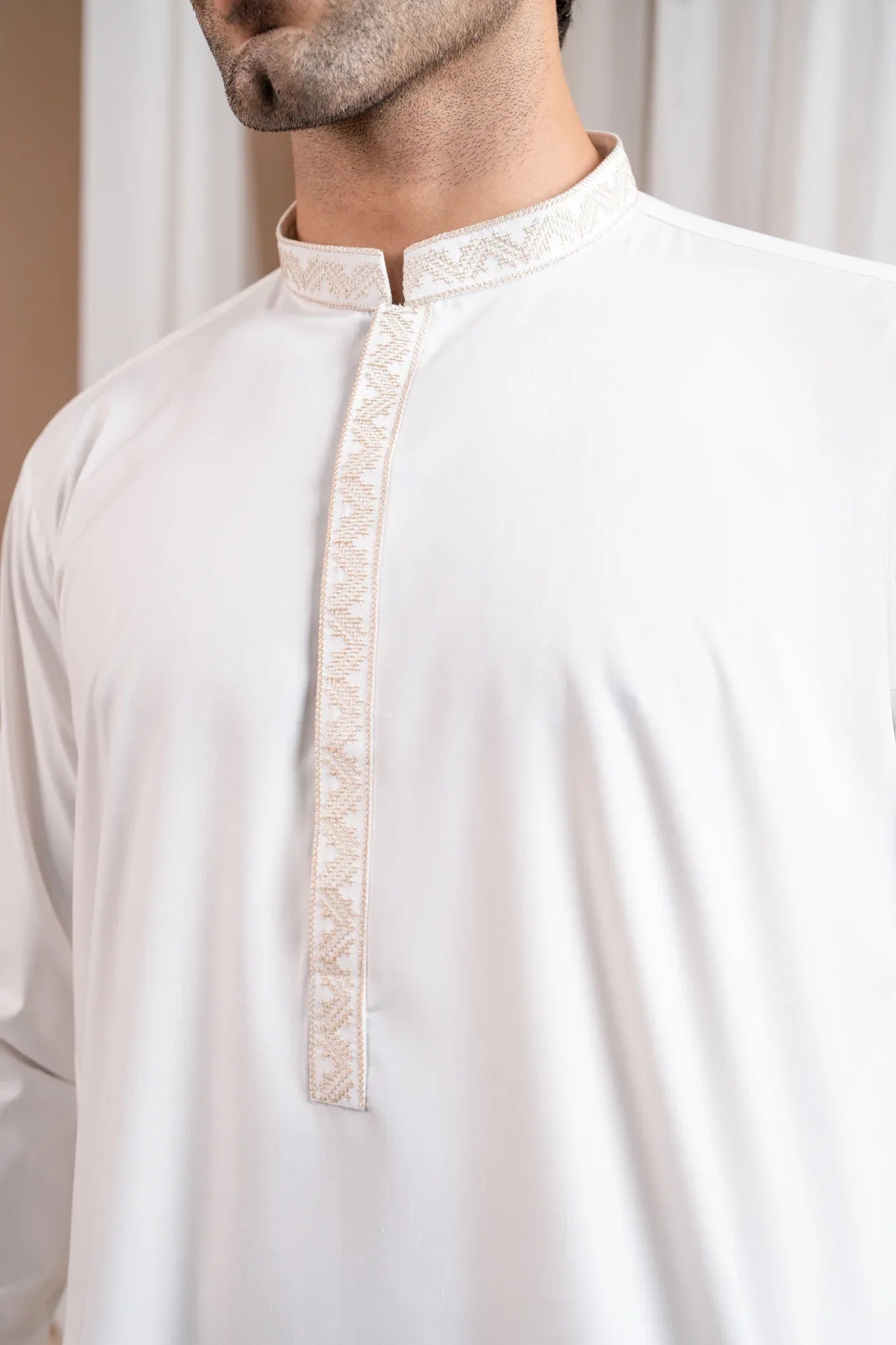 Formal Off White Kurta Shalwar - Collar Neck Embroidered - Men - Muraqsh -- Menswear