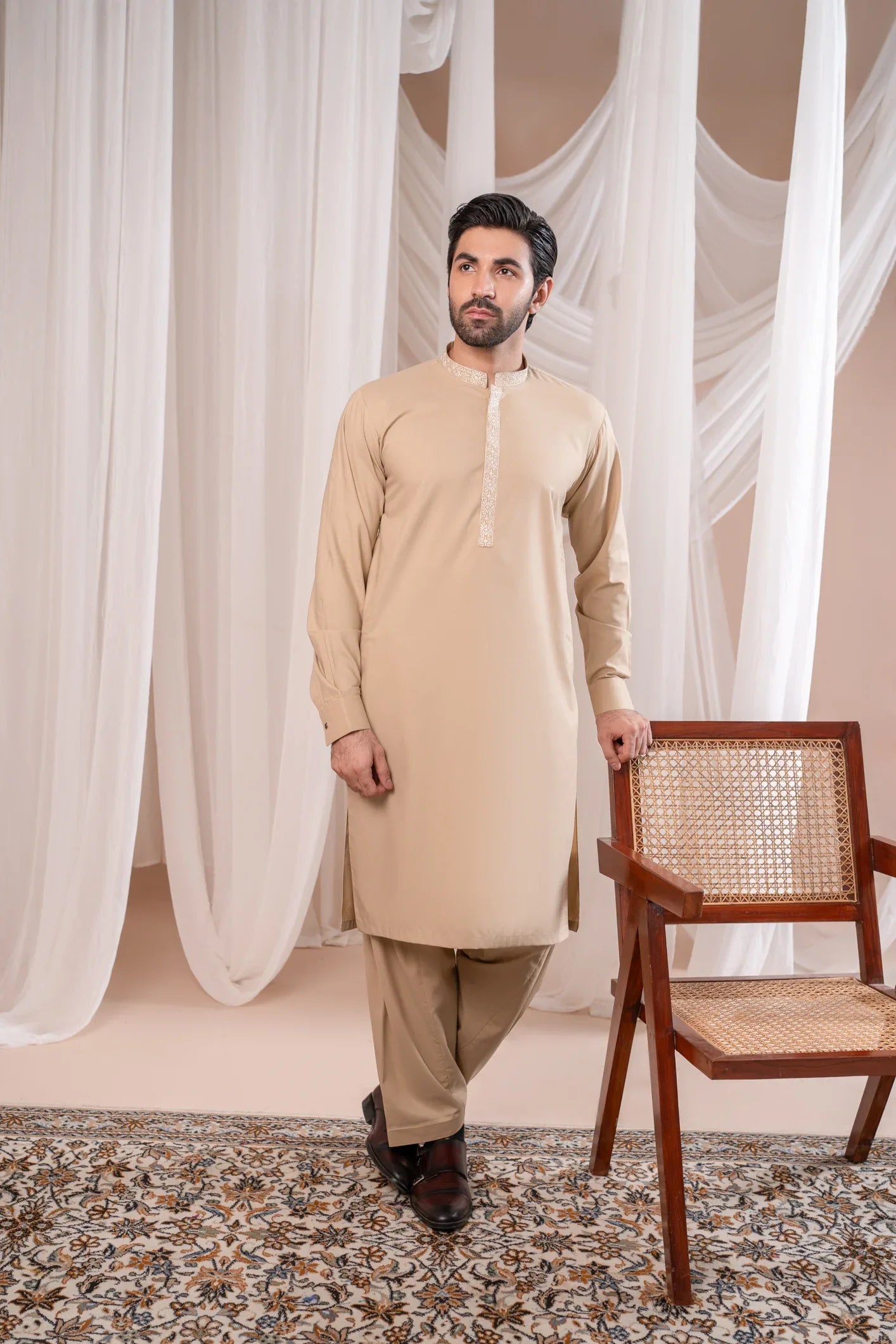 Formal Ivory Kurta Shalwar - Collar Neck Embroidered - Men - Muraqsh -- Menswear