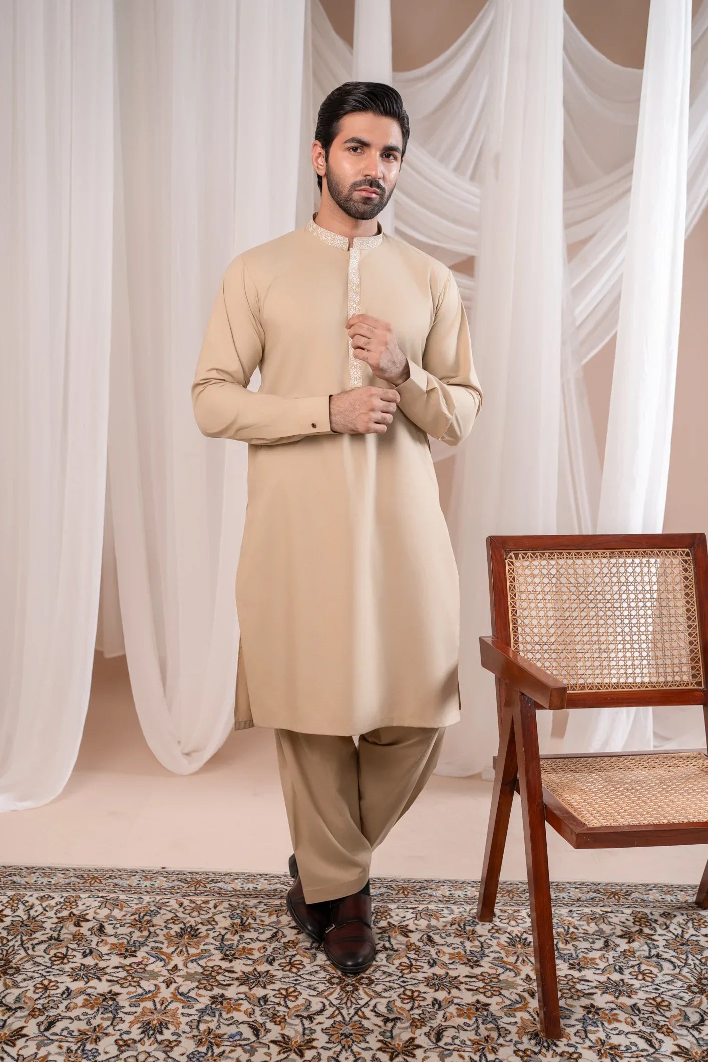 Formal Ivory Kurta Shalwar - Collar Neck Embroidered - Men - Muraqsh -- Menswear