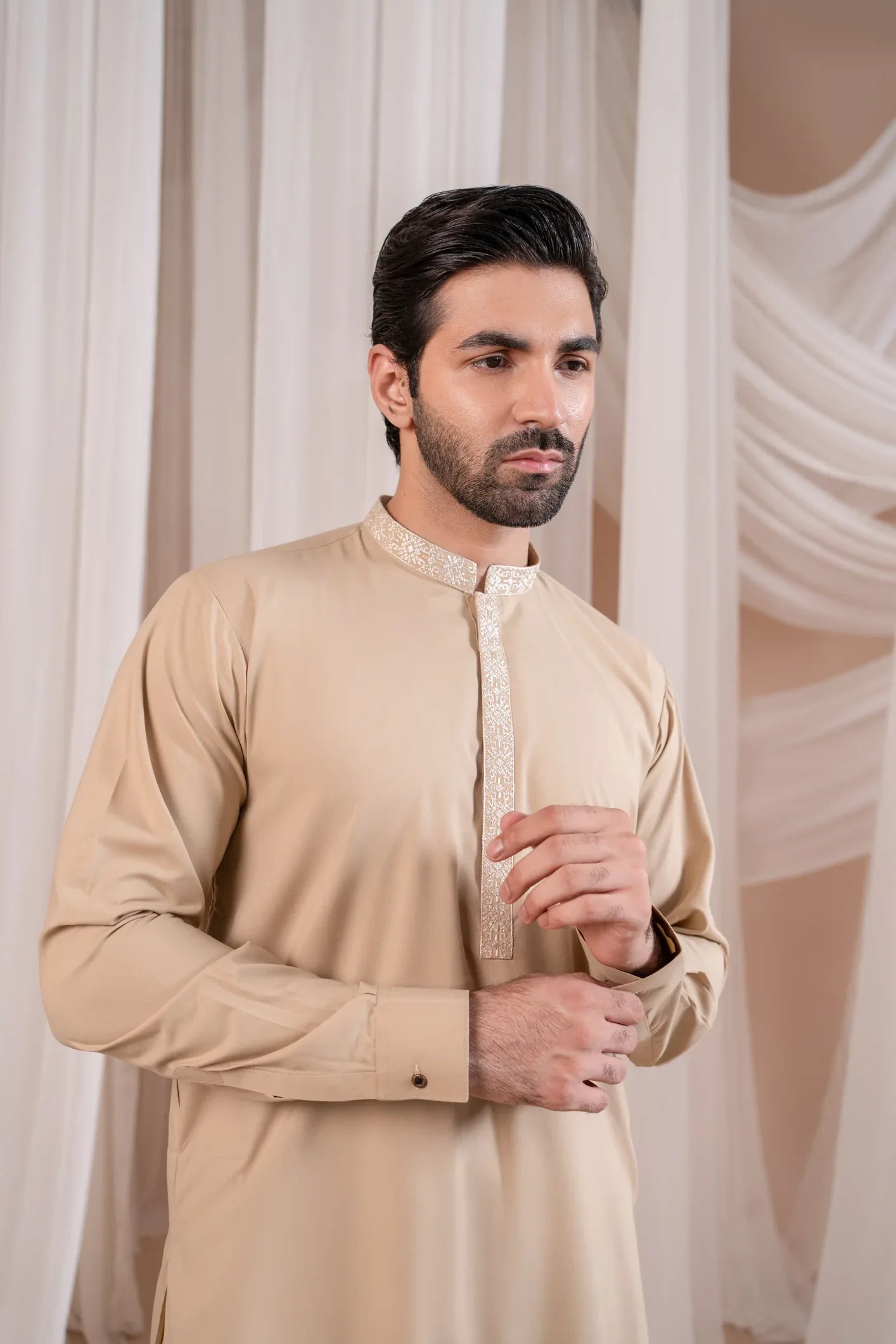 Formal Ivory Kurta Shalwar - Collar Neck Embroidered - Men - Muraqsh -- Menswear