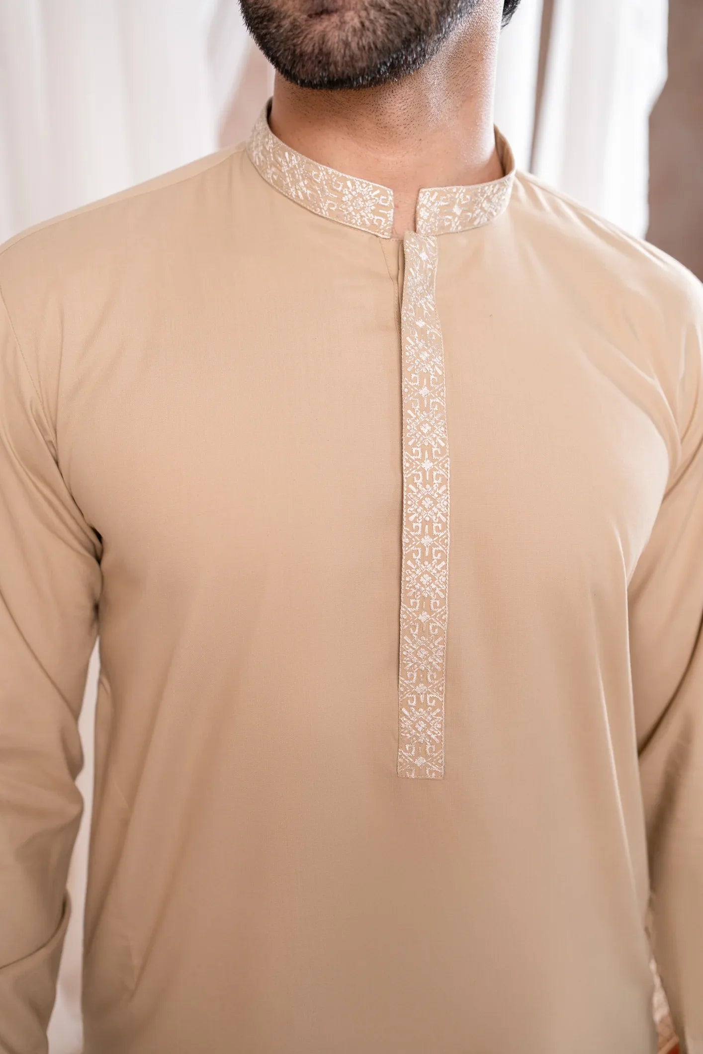 Formal Ivory Kurta Shalwar - Collar Neck Embroidered - Men - Muraqsh -- Menswear