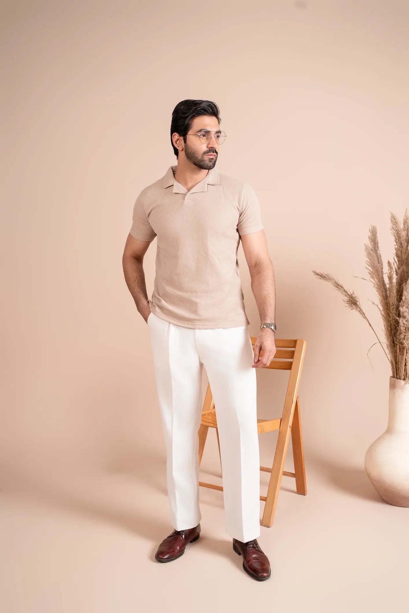 Beige Drop Needle Revere Polo - Men - Muraqsh -- Men Western