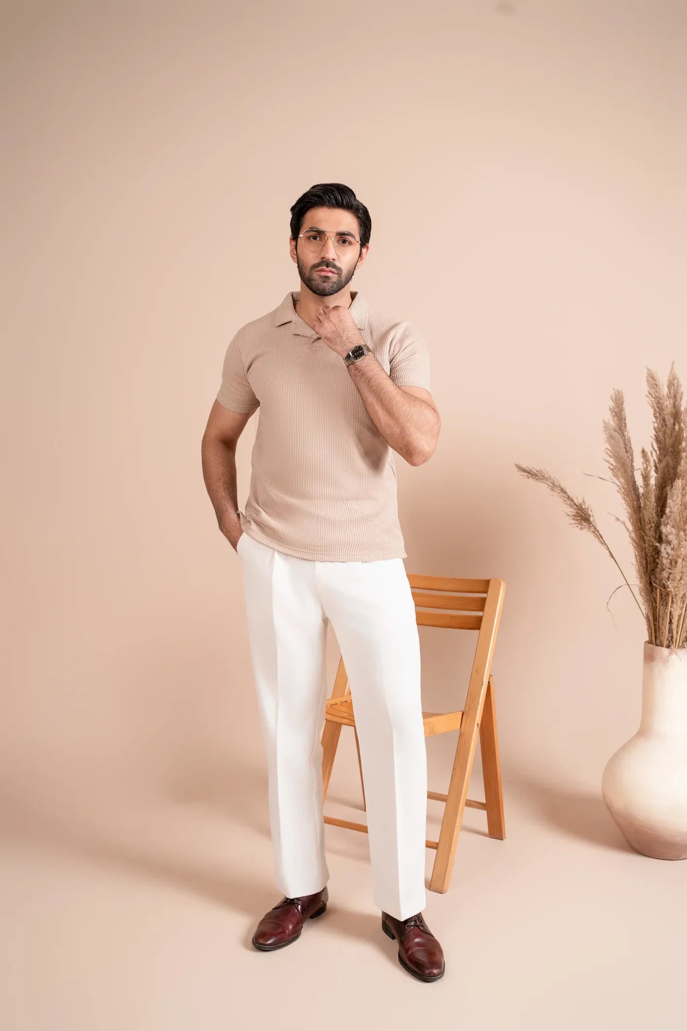Beige Drop Needle Revere Polo - Men - Muraqsh -- Men Western