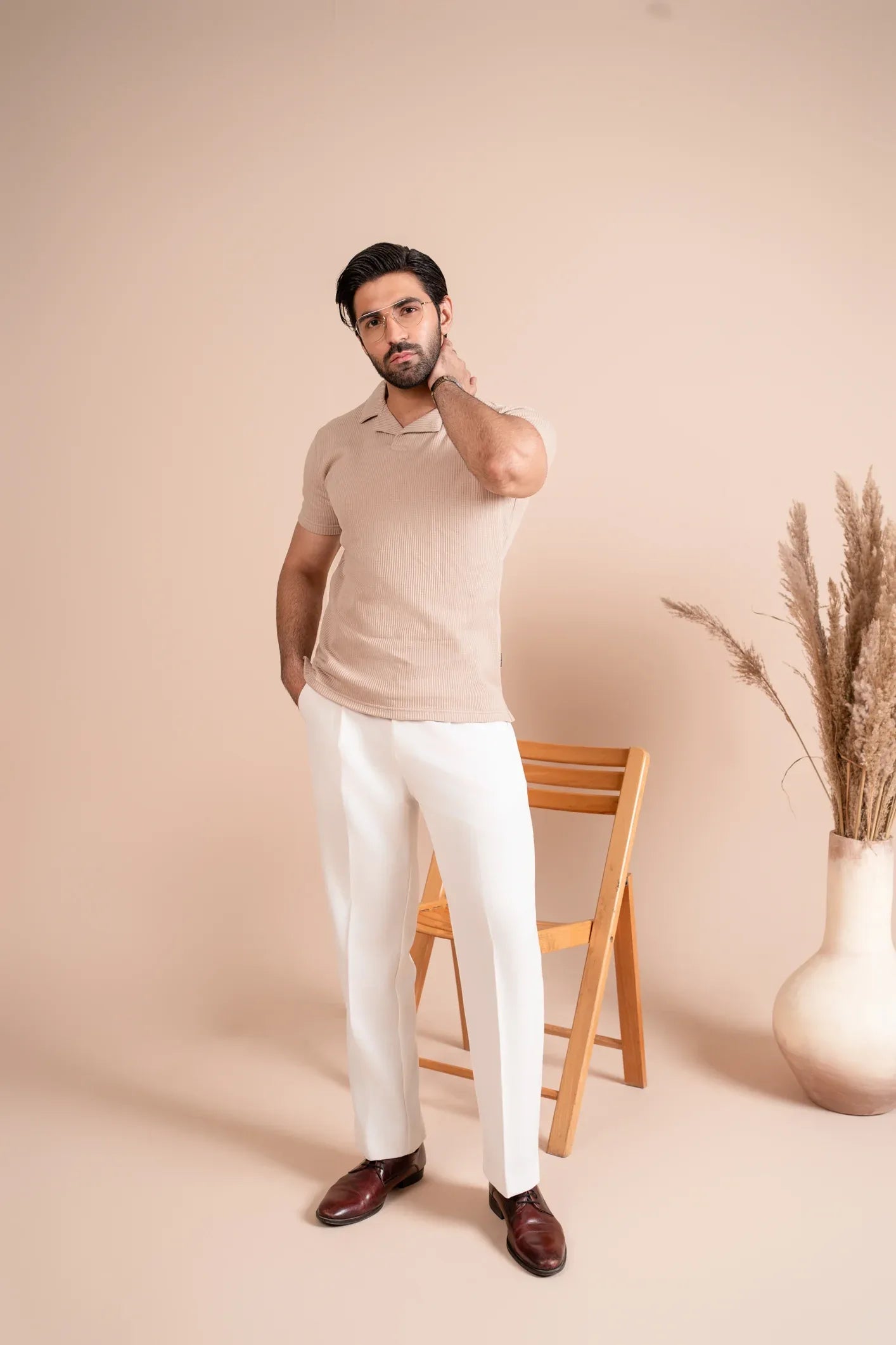 Beige Drop Needle Revere Polo - Men - Muraqsh -- Men Western