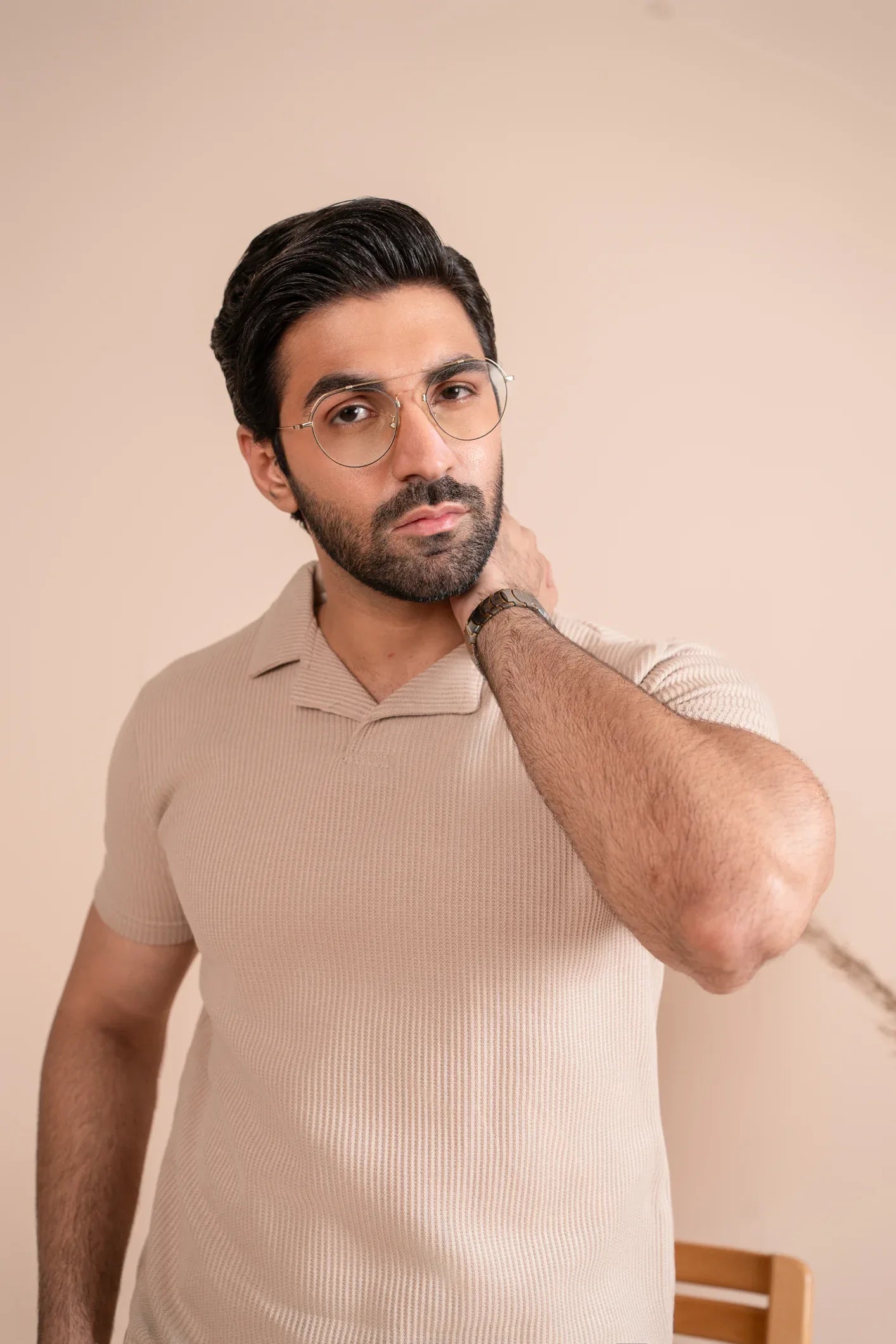 Beige Drop Needle Revere Polo - Men - Muraqsh -- Men Western