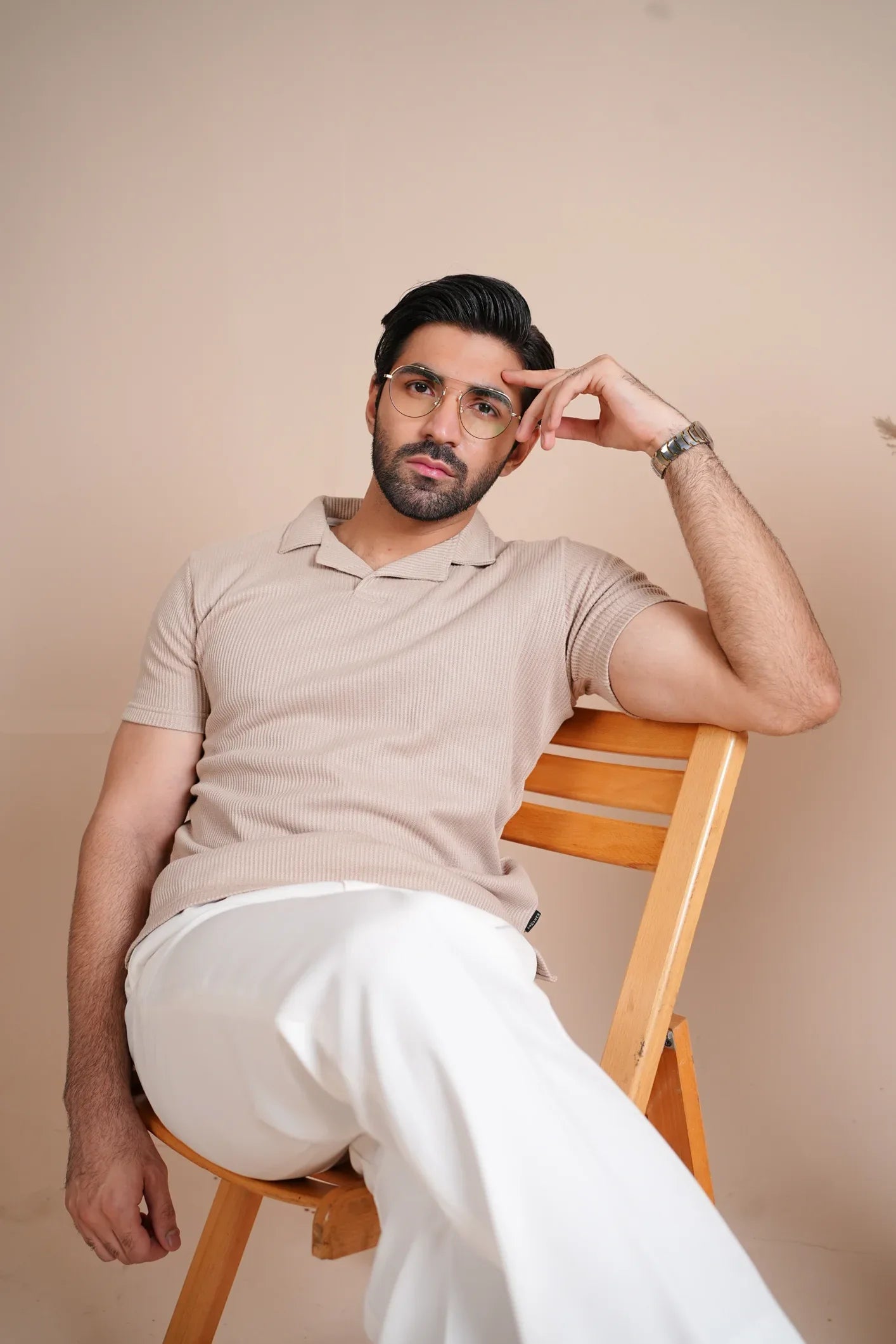 Beige Drop Needle Revere Polo - Men - Muraqsh -- Men Western