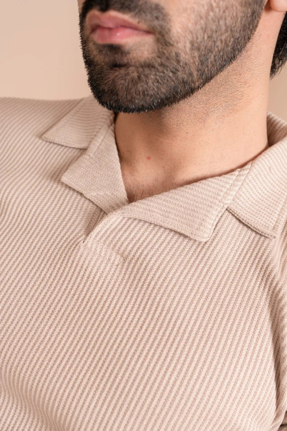 Beige Drop Needle Revere Polo - Men - Muraqsh -- Men Western