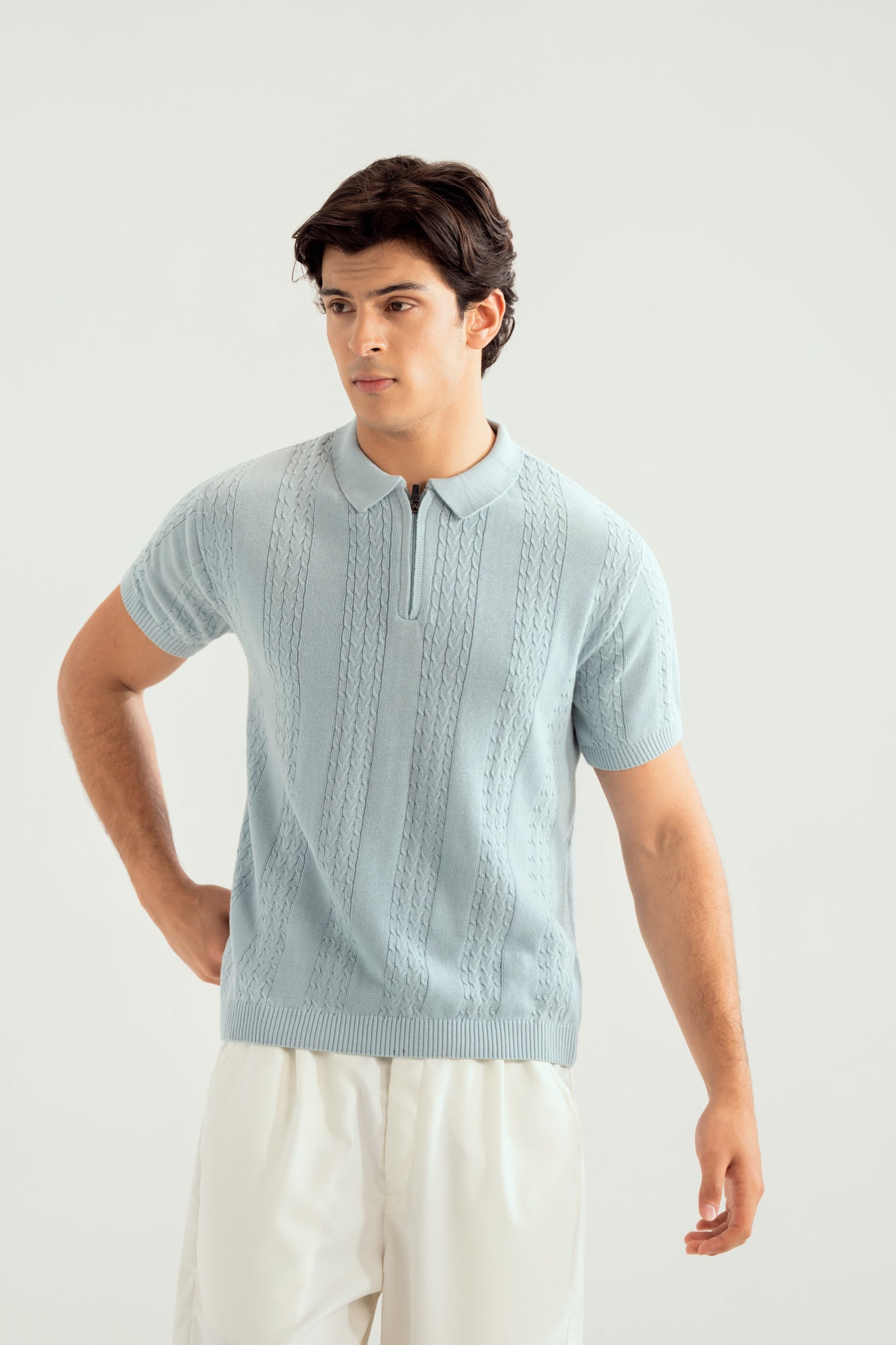 Sky Blue Crocheted Knitted Polo - Men - Men