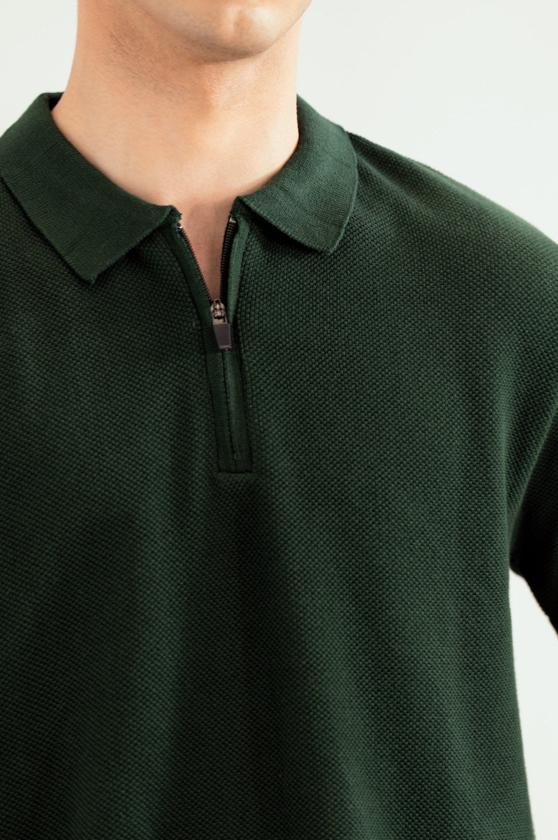 Dark Green Zipper Links Knitted Polo - Men - Men