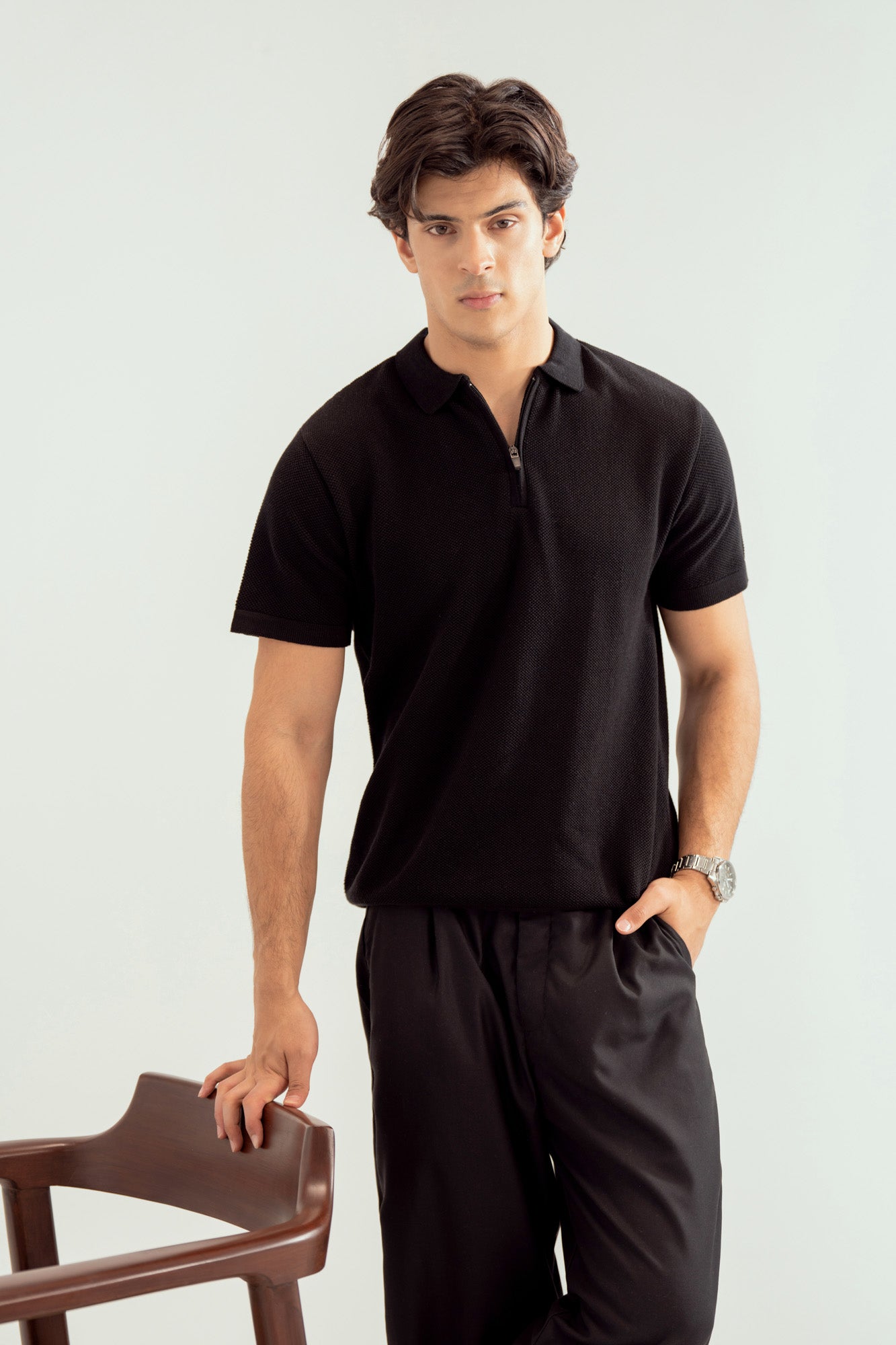 Black Zipper Links Knitted Polo - Men - Men