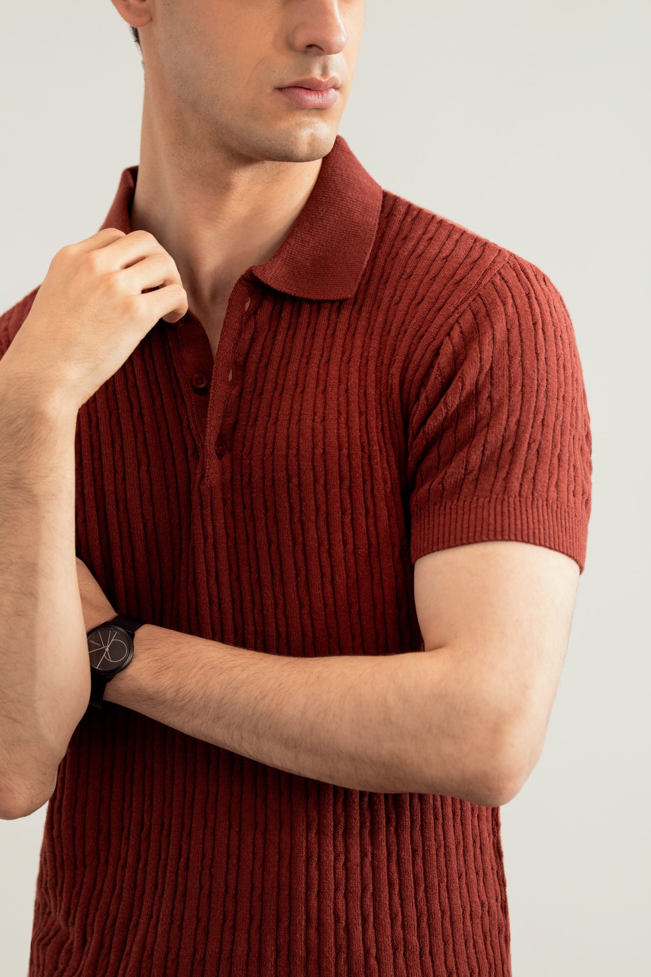 Dark Cherry Cable Knit Polo - Men - Men