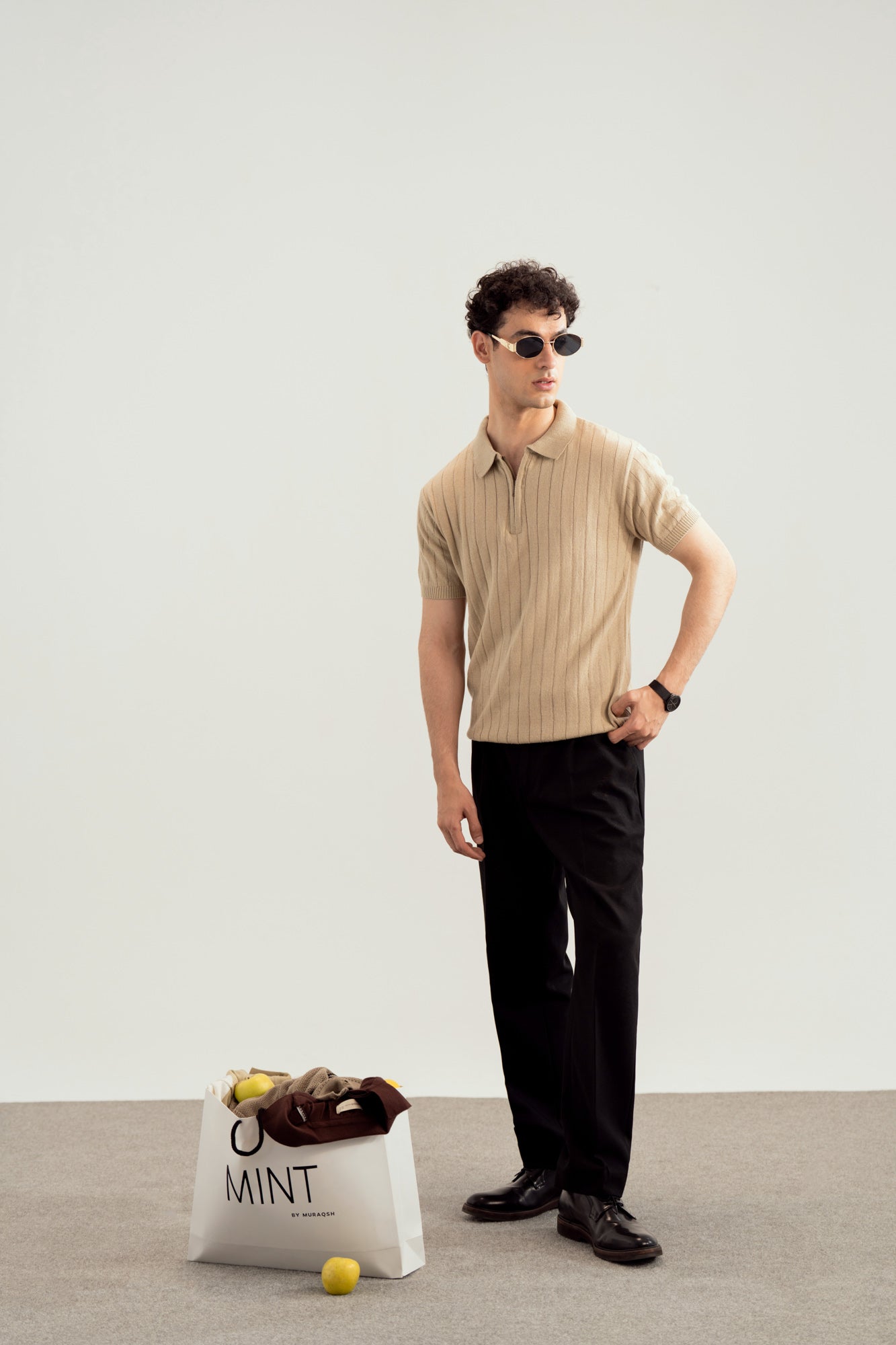 Beige Drop Needle Zipper Knitted Polo - Men - Men
