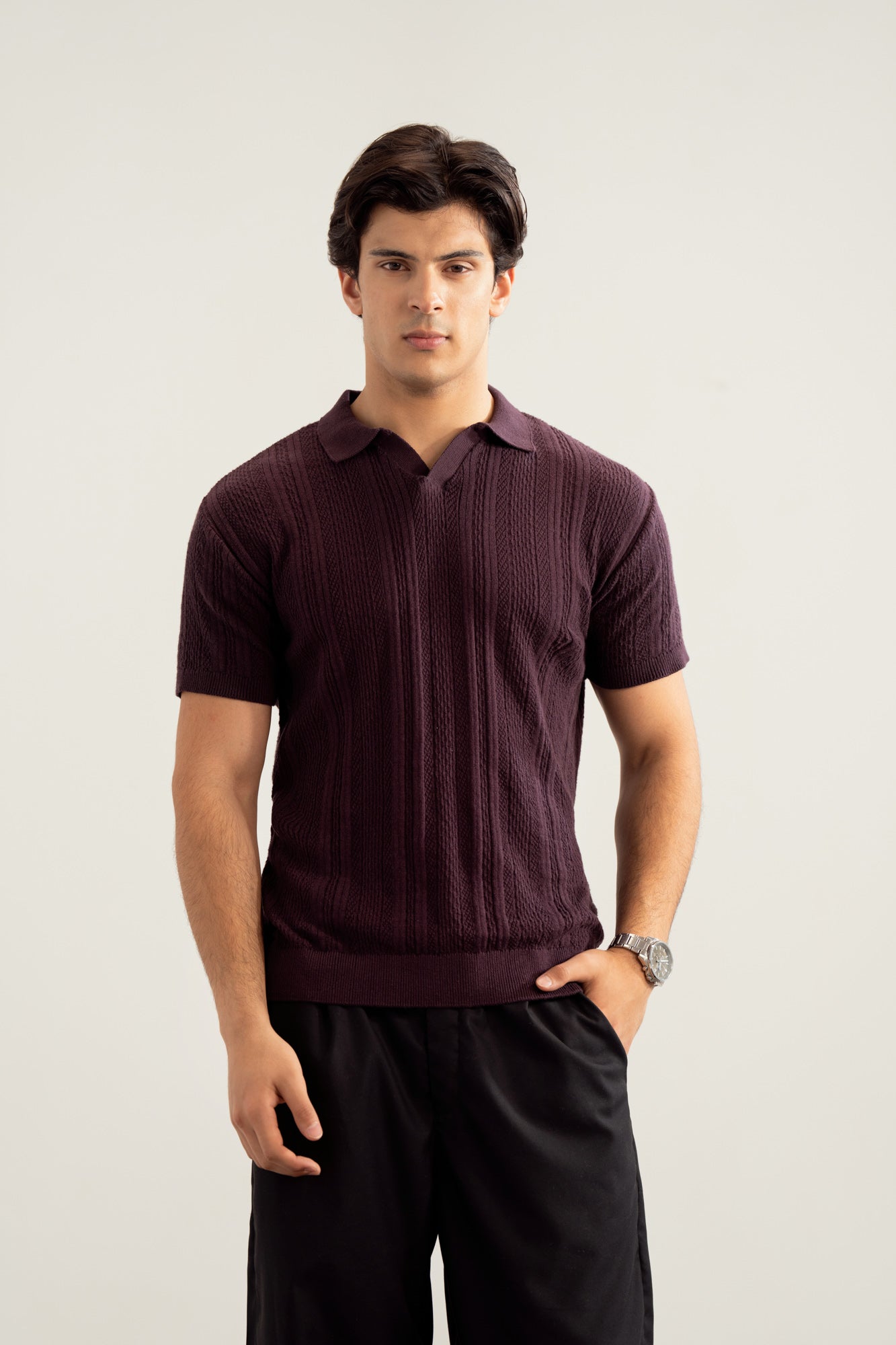 Dark Purple Wave Knitted Polo - Men - Men