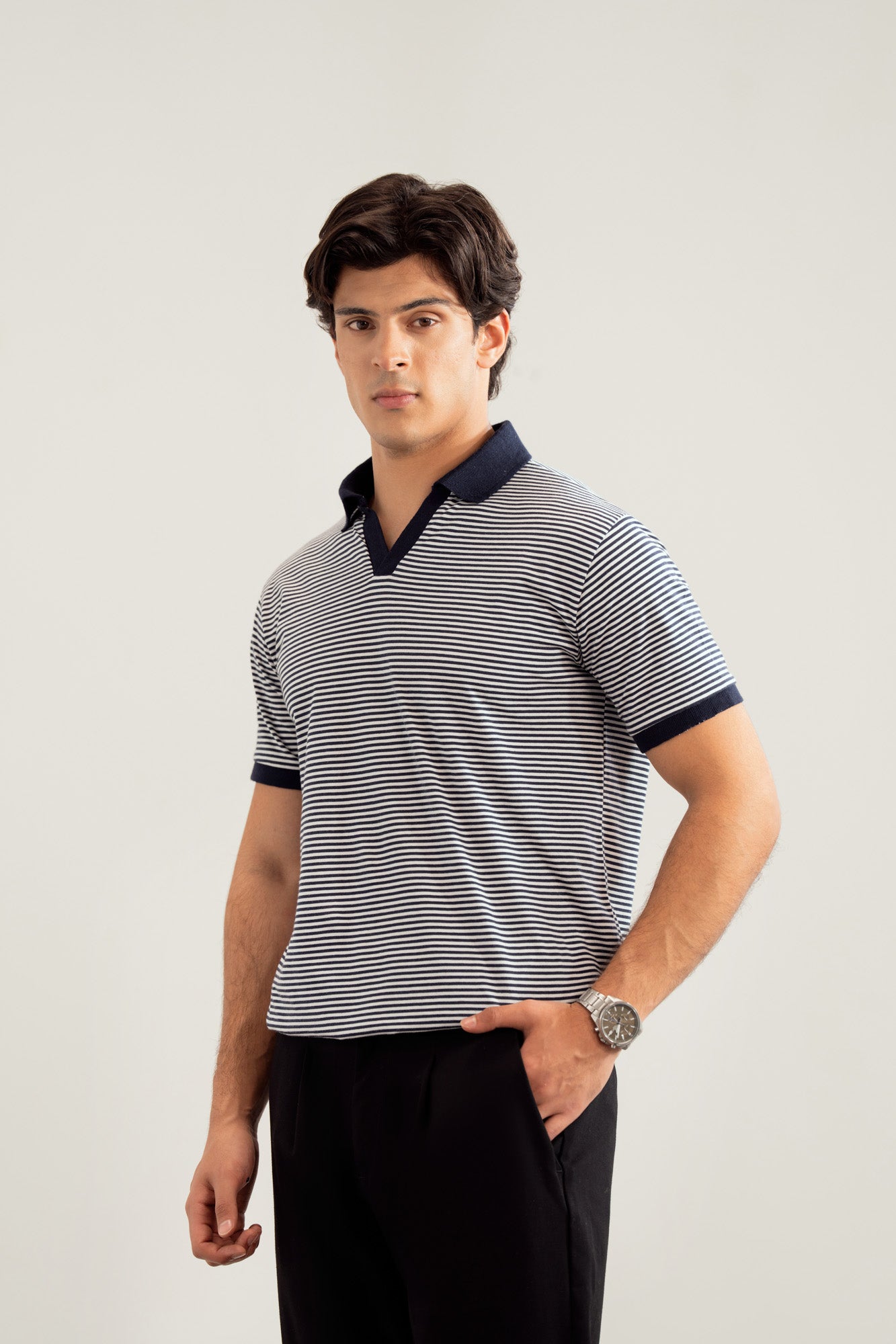 Off white and Blue Striper Johhny Resort Polo - Contrast Collar - Men - Men