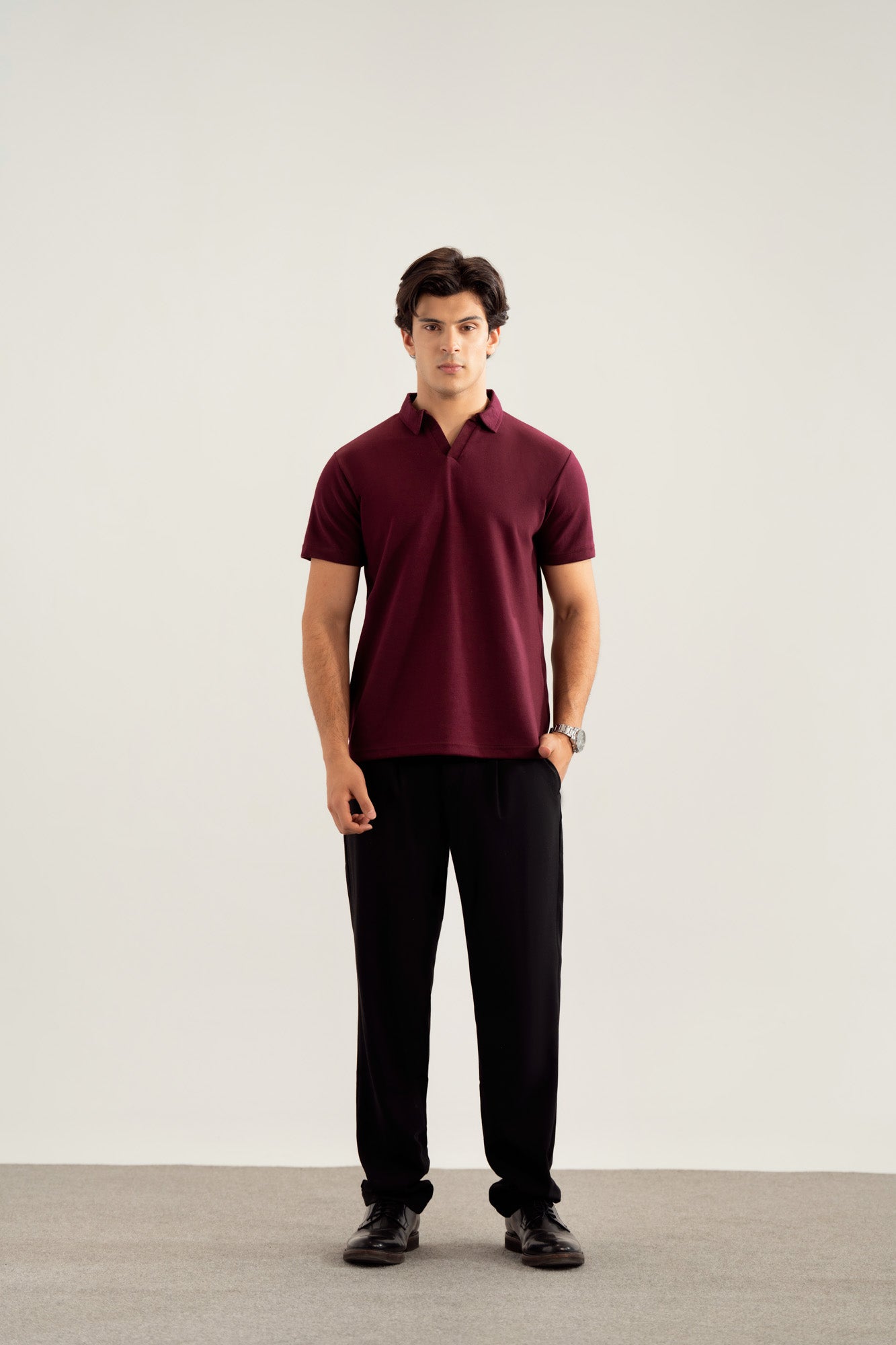 Maroon Interlock Johnny Collar Polo - Smart Fit - Men - Men