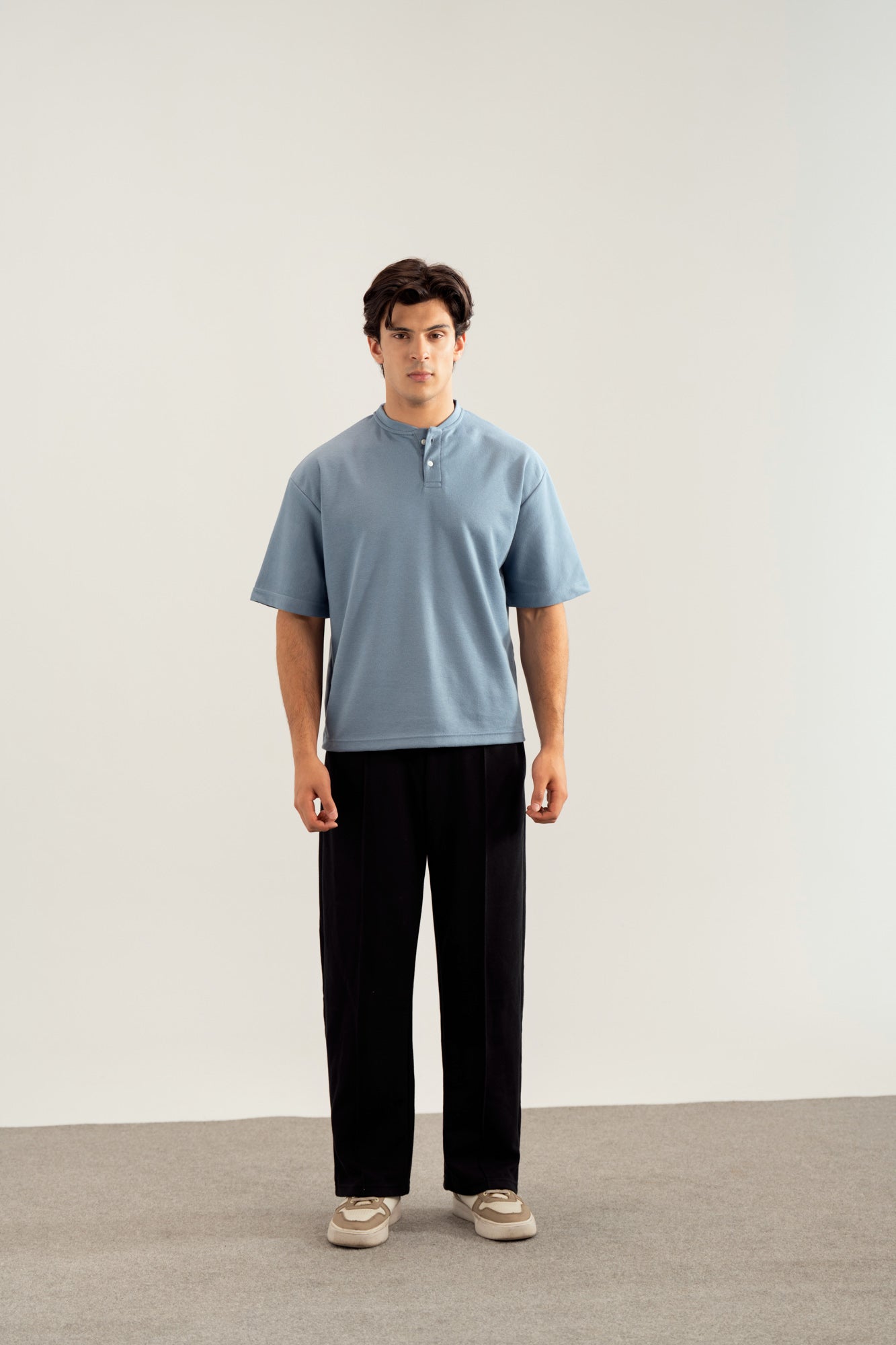 Sky Blue Interlock Oversized Henley Tee - Men - Men