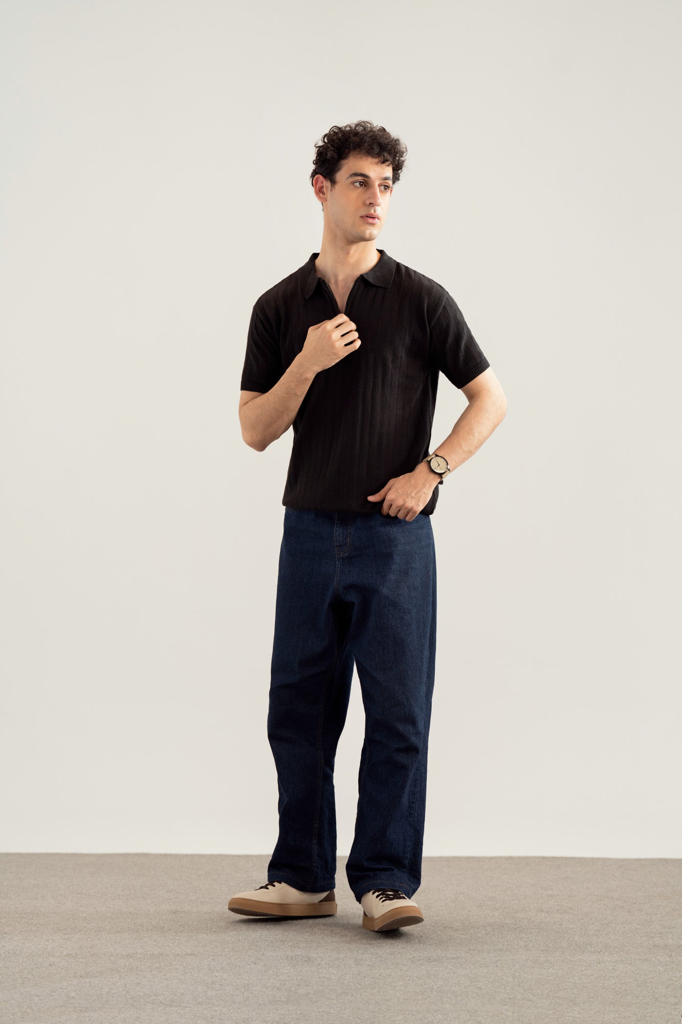 Black Drop Needle Zipper Knitted Polo - Men - Men