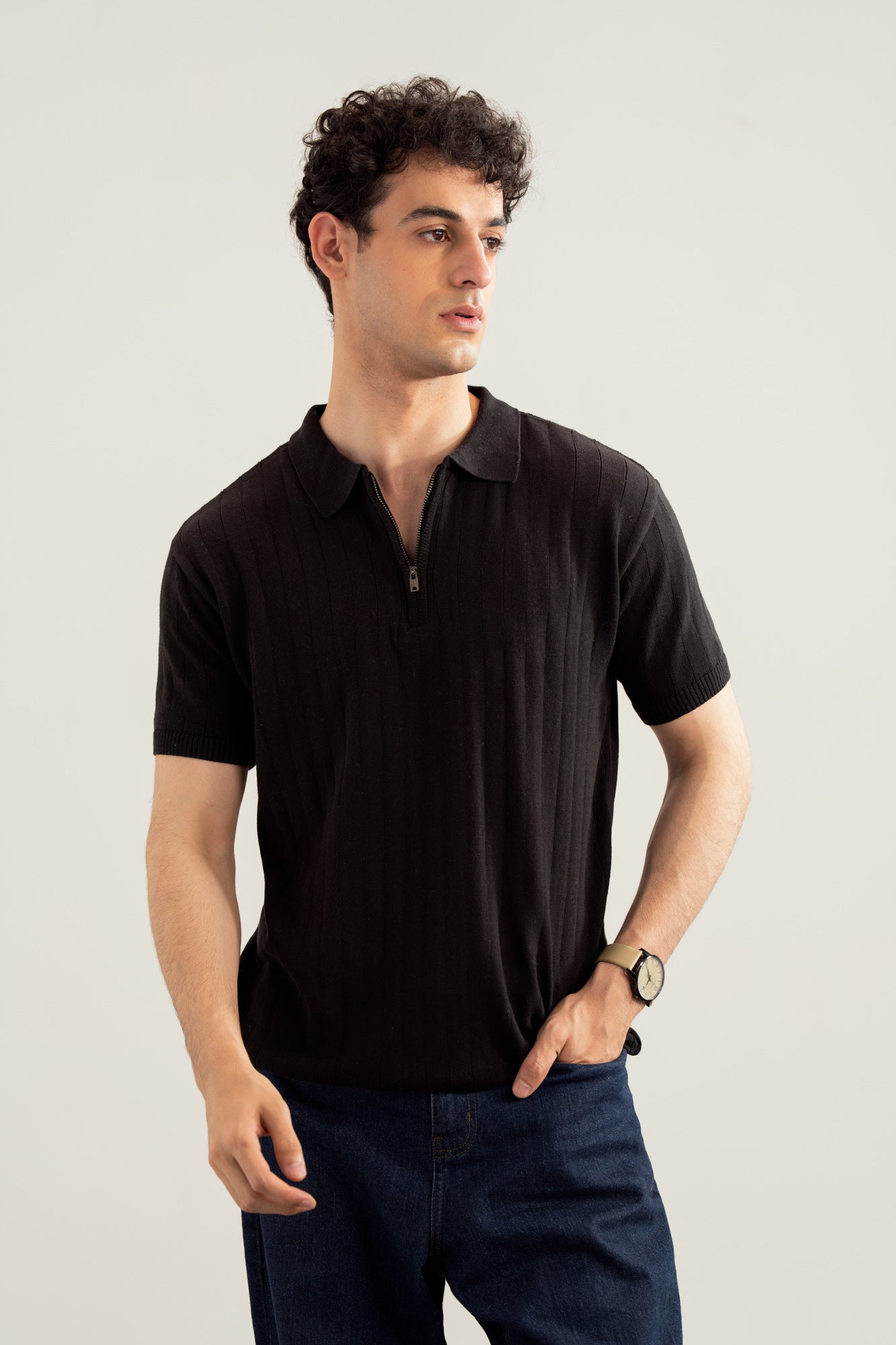 Black Drop Needle Zipper Knitted Polo - Men - Men