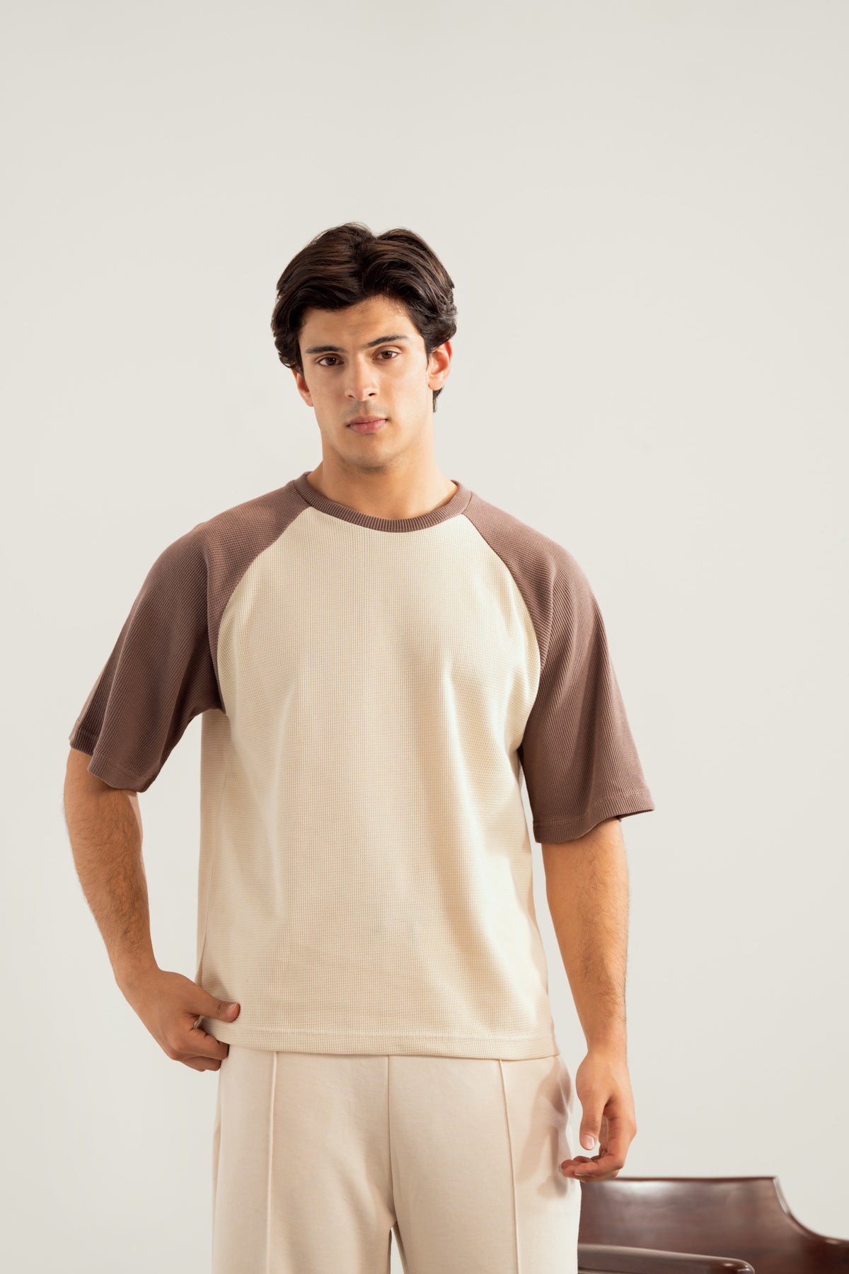 Dull Nude & Off White Waffle Knit Oversized Tee - Men - Men