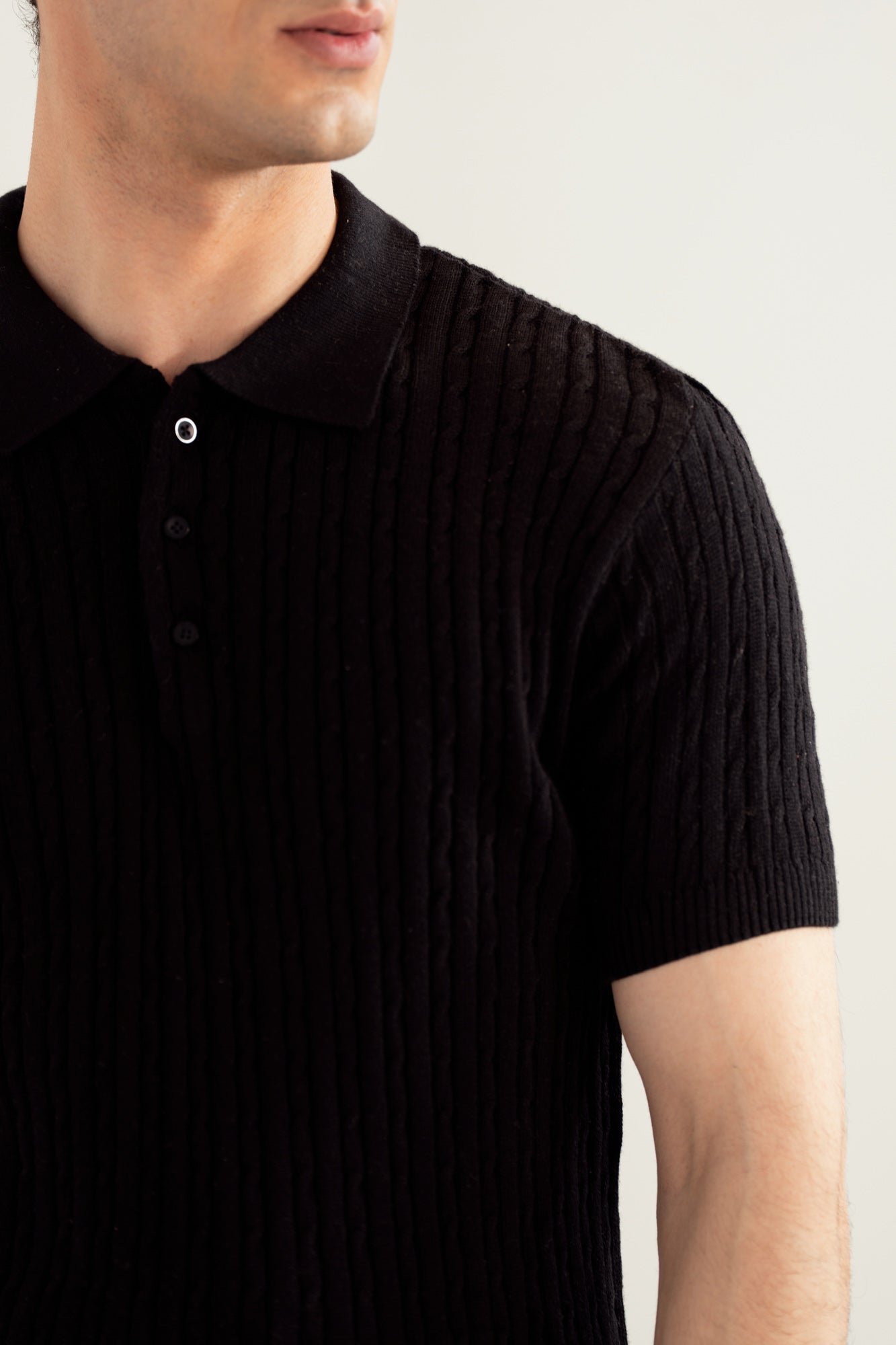 Black Cable Knit Polo - Men - Men