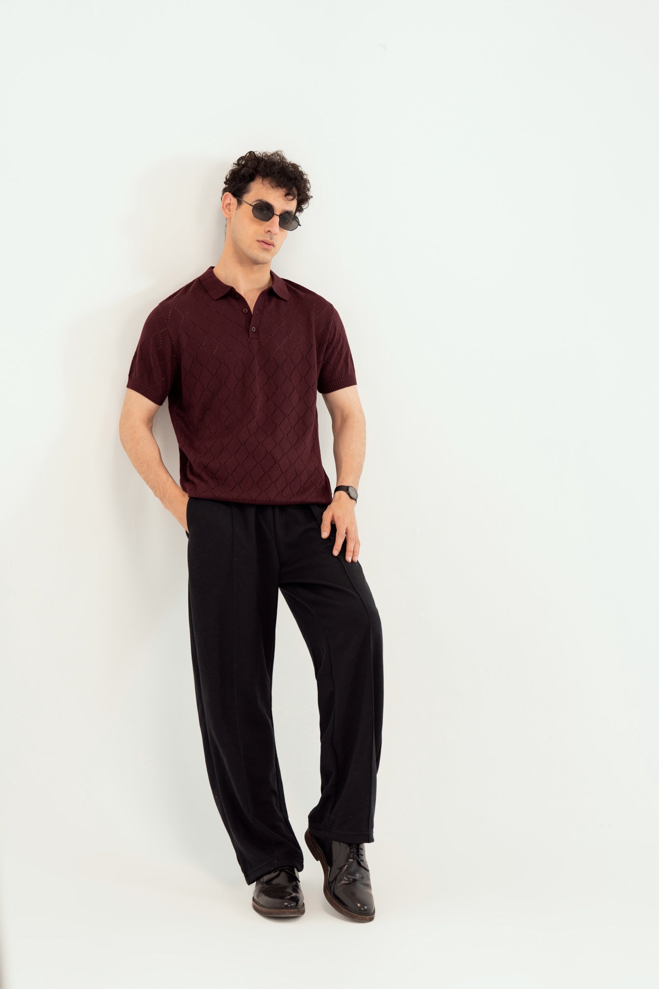 Deep Burgundy Crocheted Diamond Knitted Polo - Men - Men