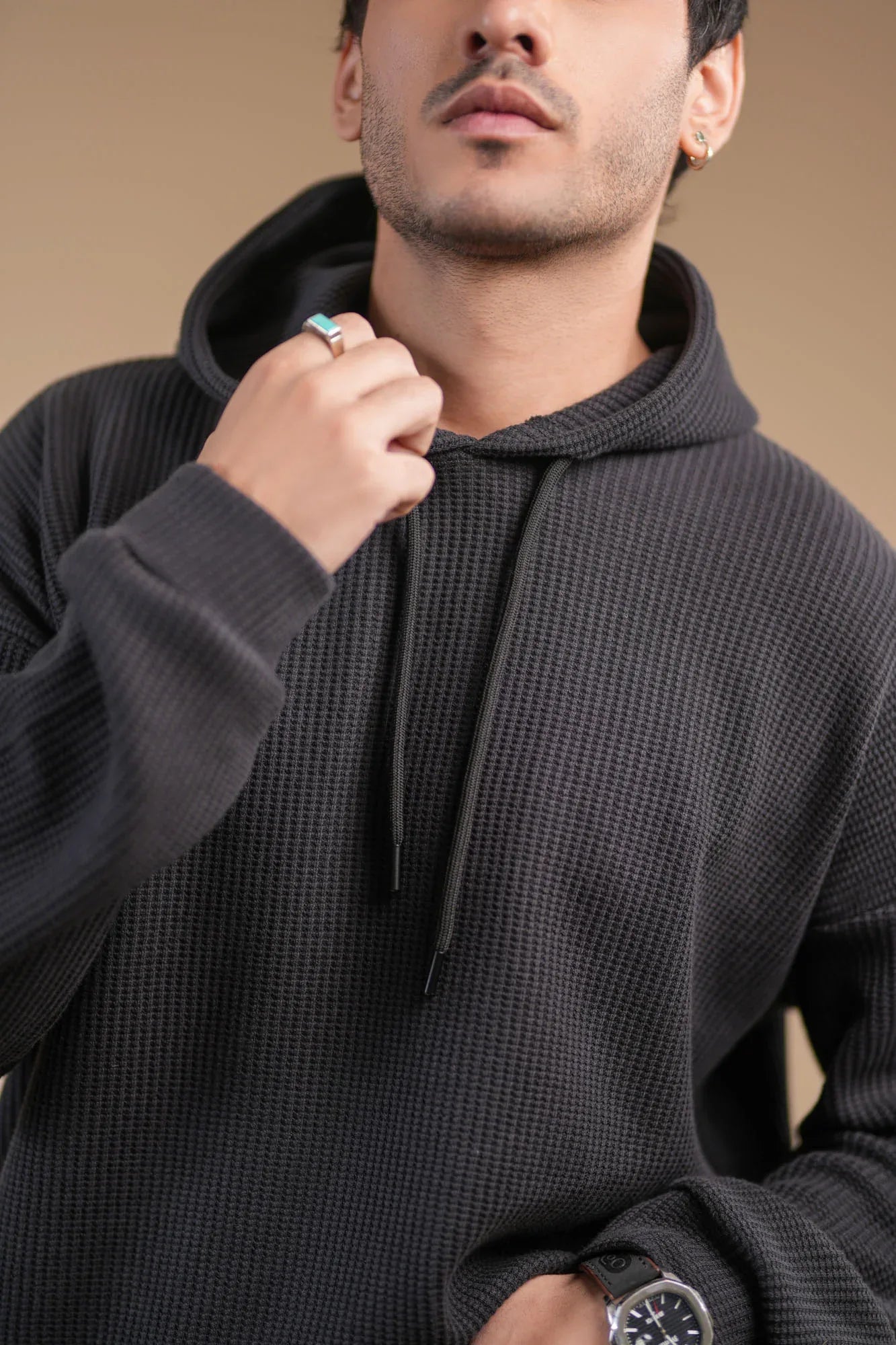 Black Waffle Pullover Hoodie - Relaxed Fit - Men - Muraqsh -- Men Western