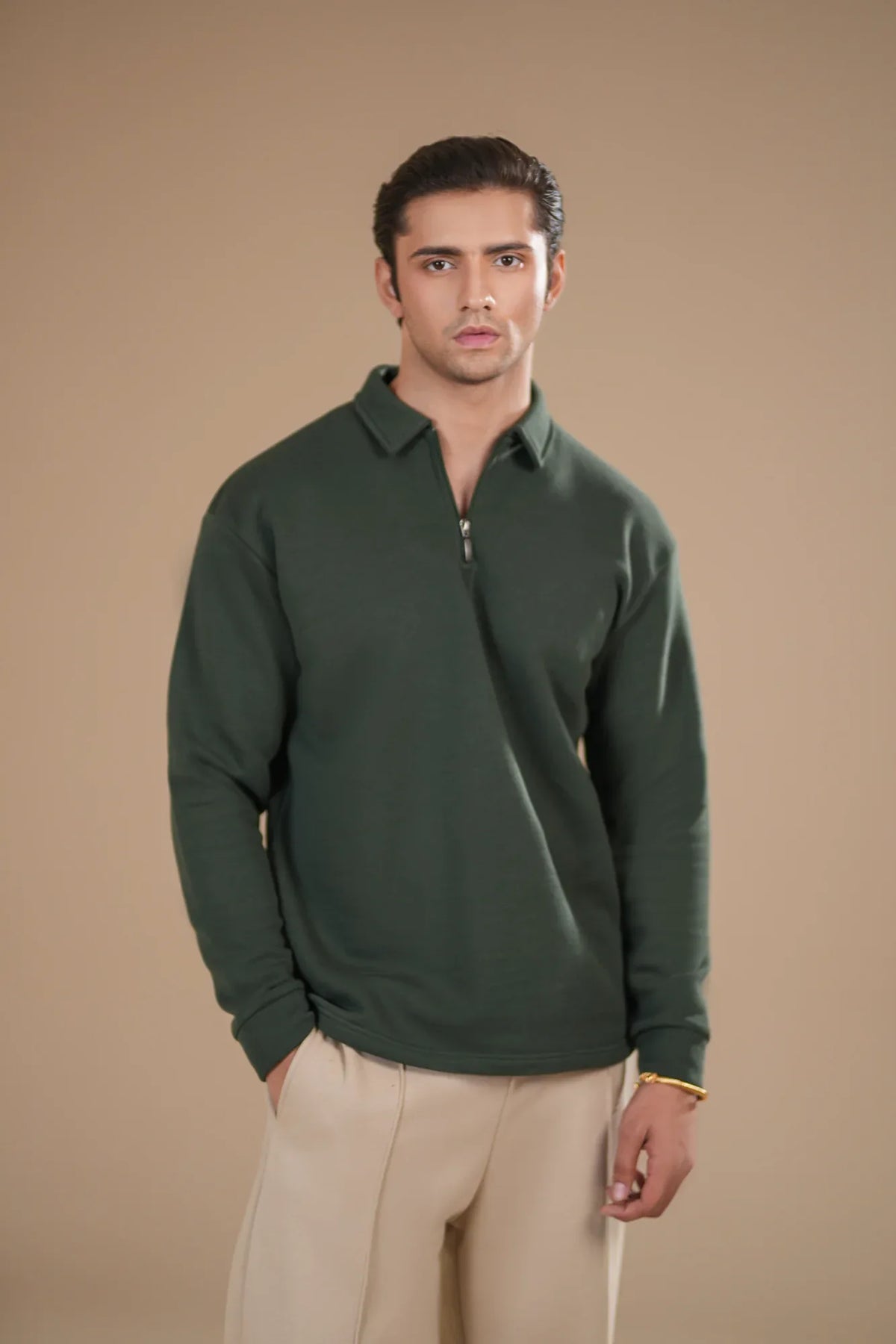 Deep Green Fleece Zipper Polo - Full Sleeves - Men - Muraqsh -- Men Western