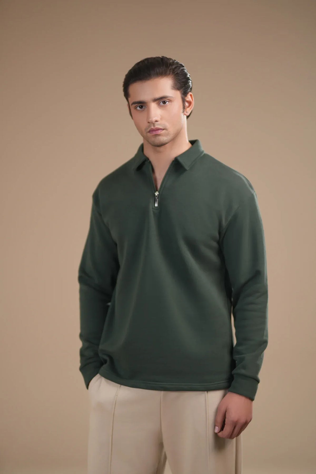 Deep Green Fleece Zipper Polo - Full Sleeves - Men - Muraqsh -- Men Western