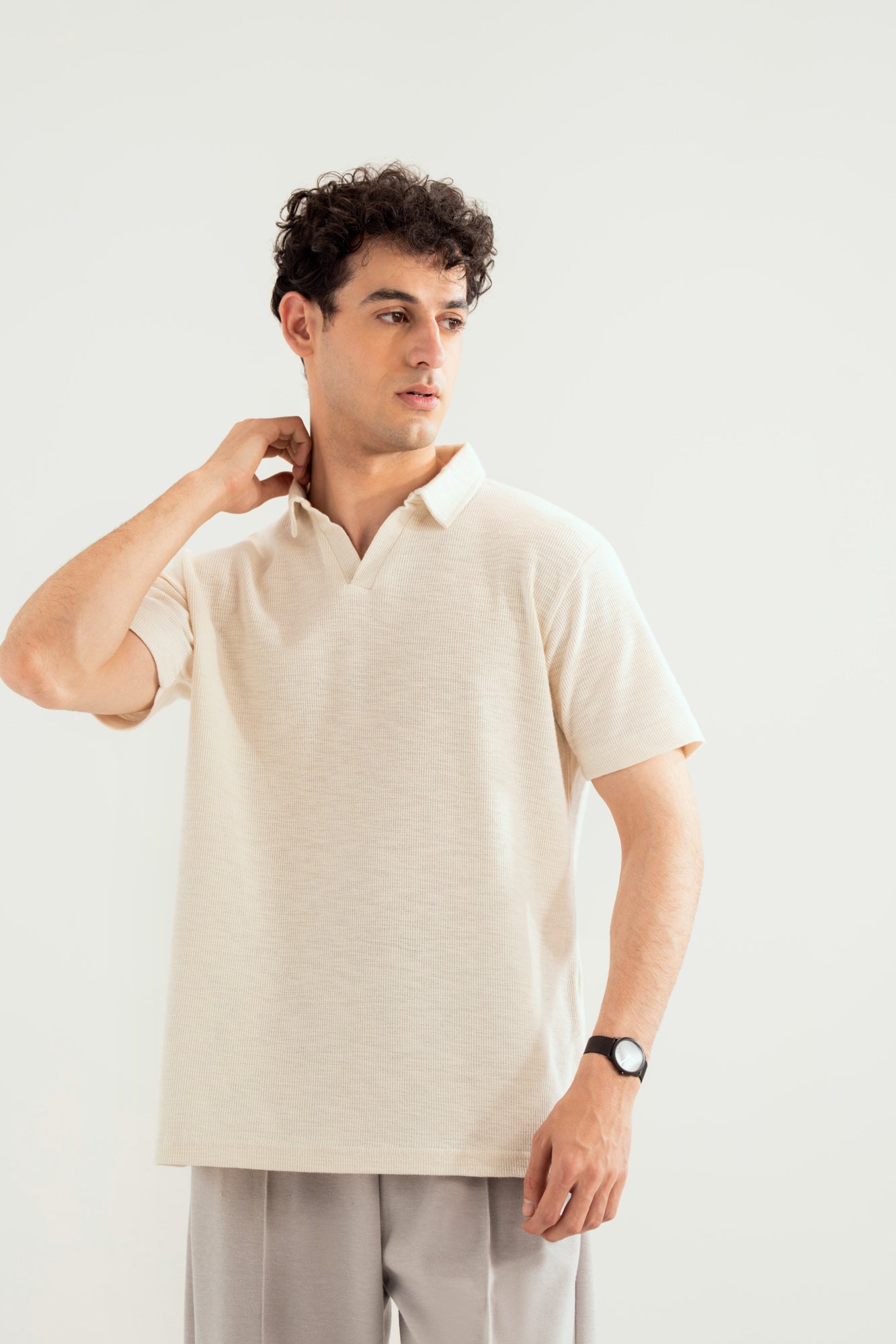 Off White Mesh Thermal Knit Polo - Smart Fit - Men - Men