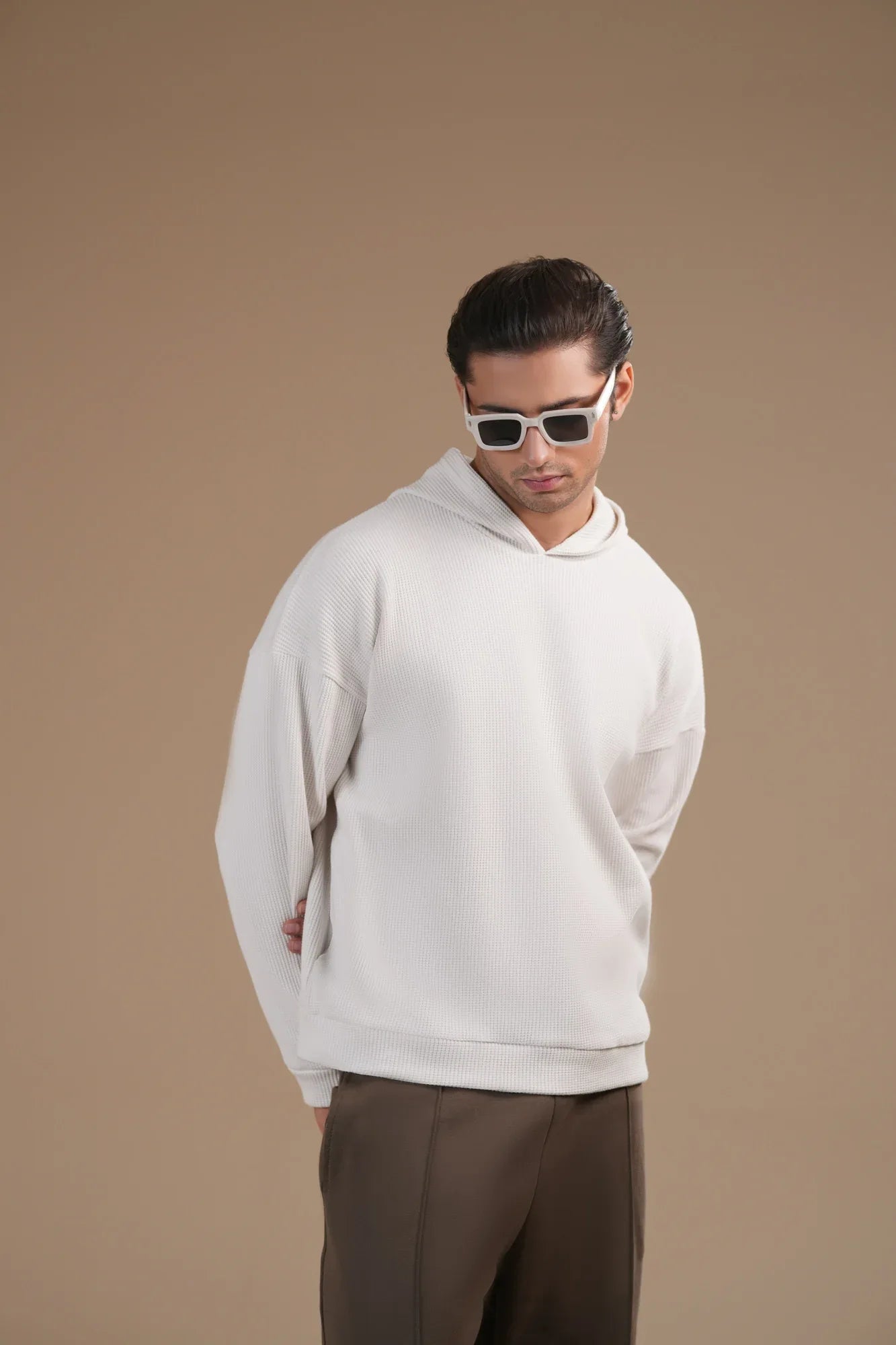 Off White Waffle Pullover Hoodie - Relaxed Fit - Men - Muraqsh -- Men Western