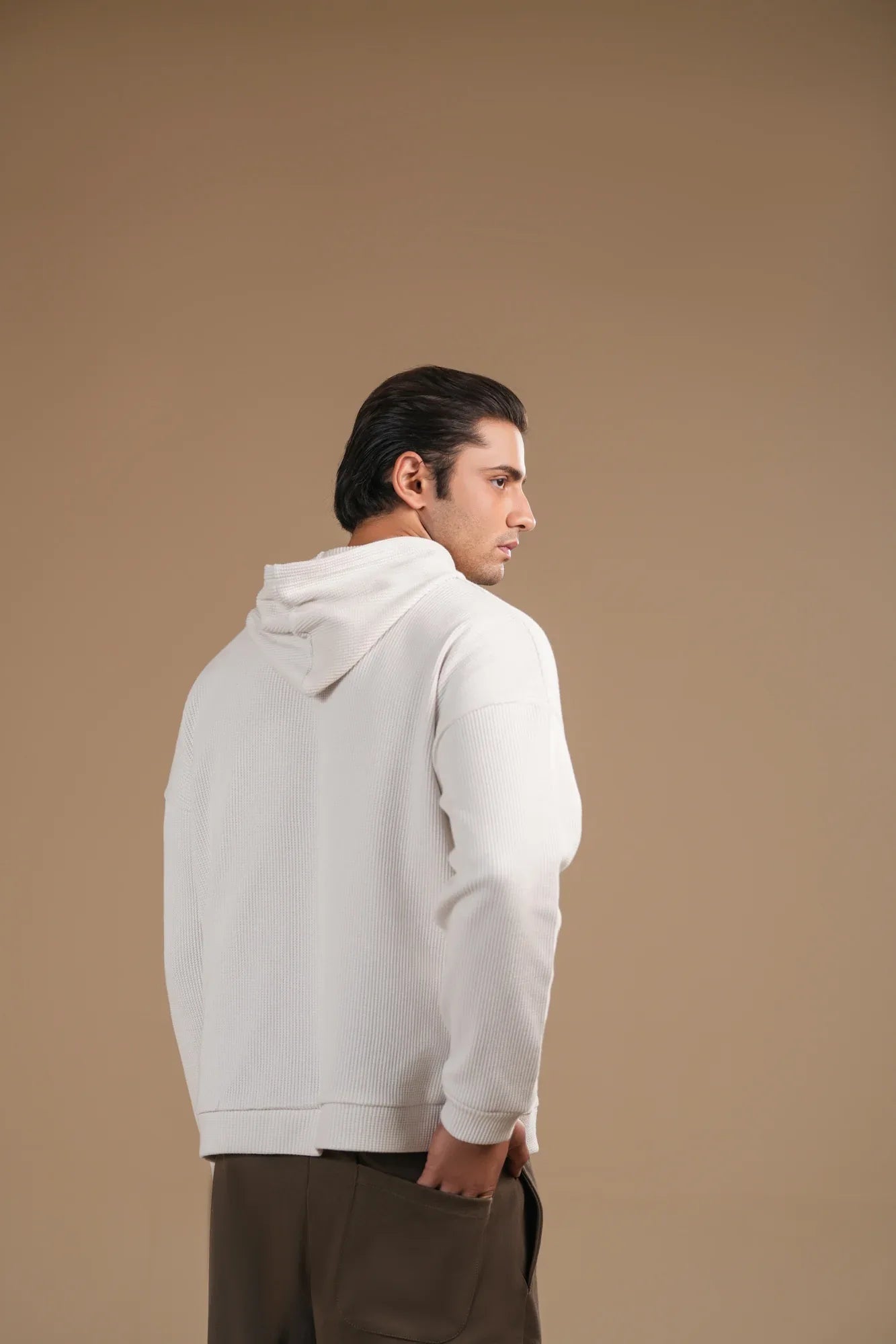 Off White Waffle Pullover Hoodie - Relaxed Fit - Men - Muraqsh -- Men Western