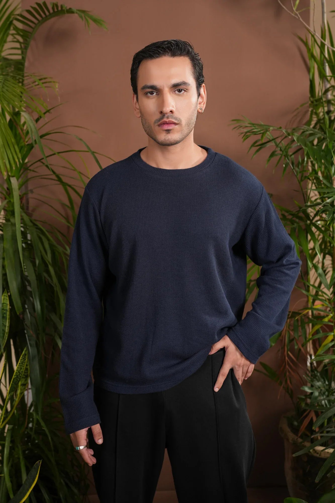 Navy Blue Waffle Knit Sweat Shirt - Relaxed Fit - Men - Muraqsh -- Men Western