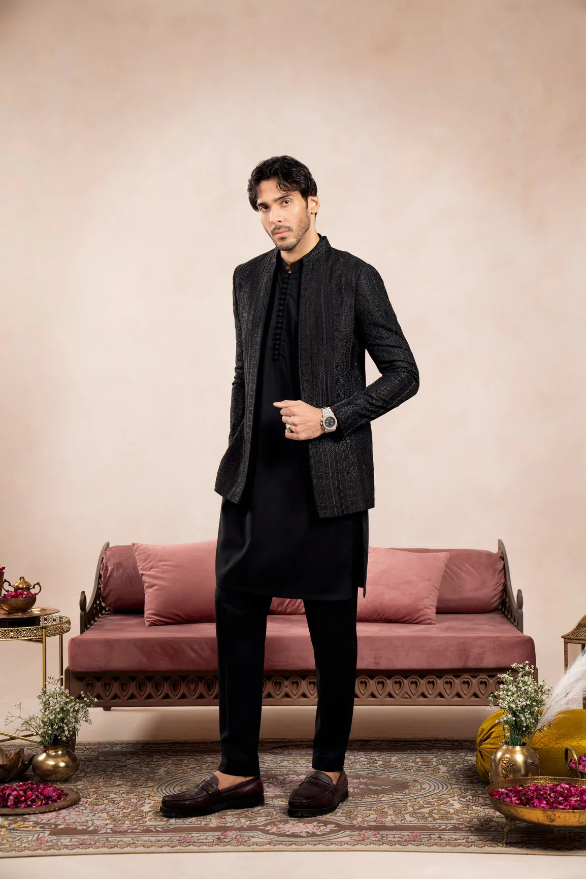 Black Cross Stitched Embroidered Open Prince Coat - Men - Muraqsh -- Wedding Wear