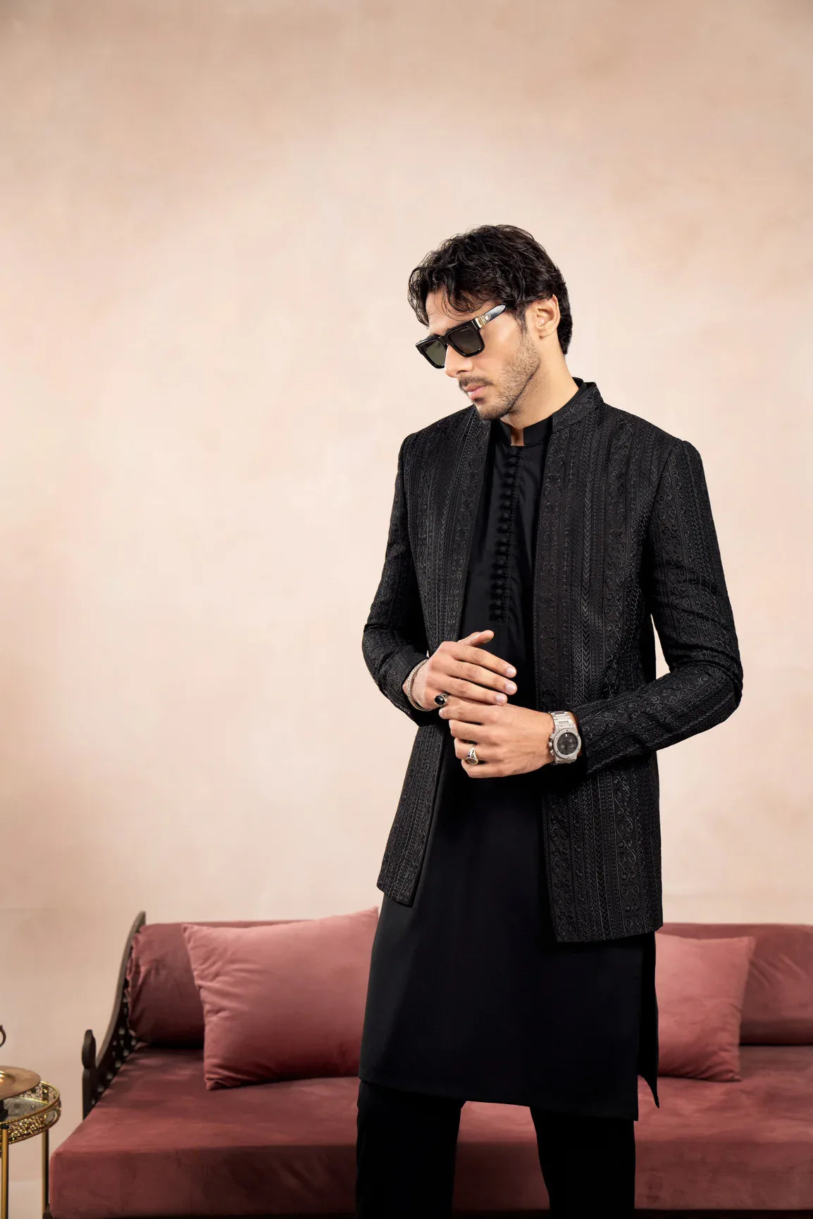 Black Loop Kurta Trouser with Cross Stitched Embroidered Open Prince Coat - 3PC - Men - Muraqsh -- Wedding Wear