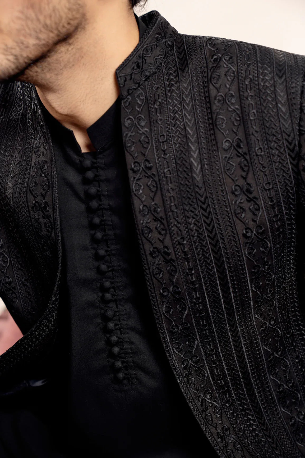 Black Loop Kurta Trouser with Cross Stitched Embroidered Open Prince Coat - 3PC - Men - Muraqsh -- Wedding Wear