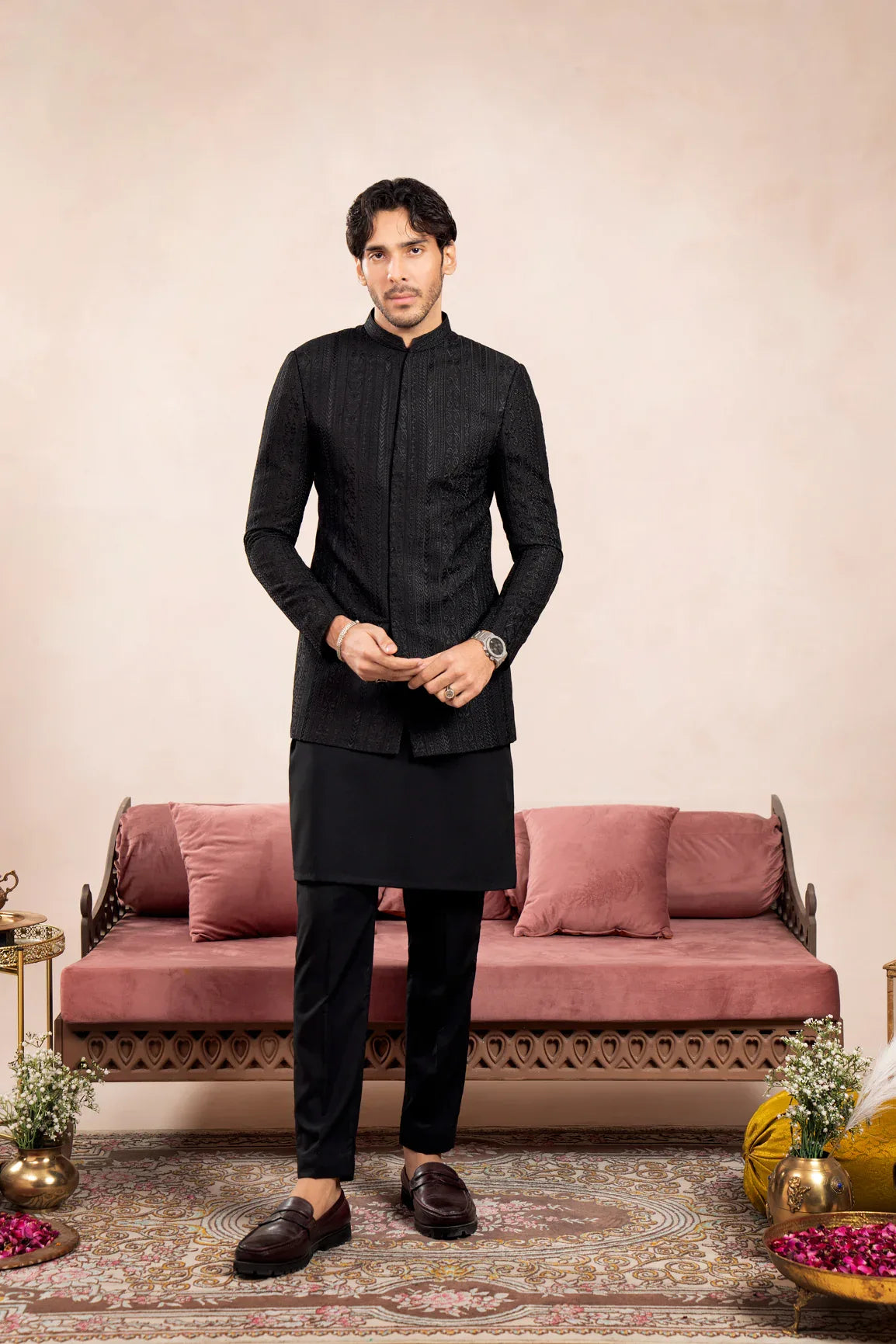 Black Kurta Trouser with Cross Stitched Embroidered Prince Coat - 3PC - Men - Muraqsh -- Wedding Wear