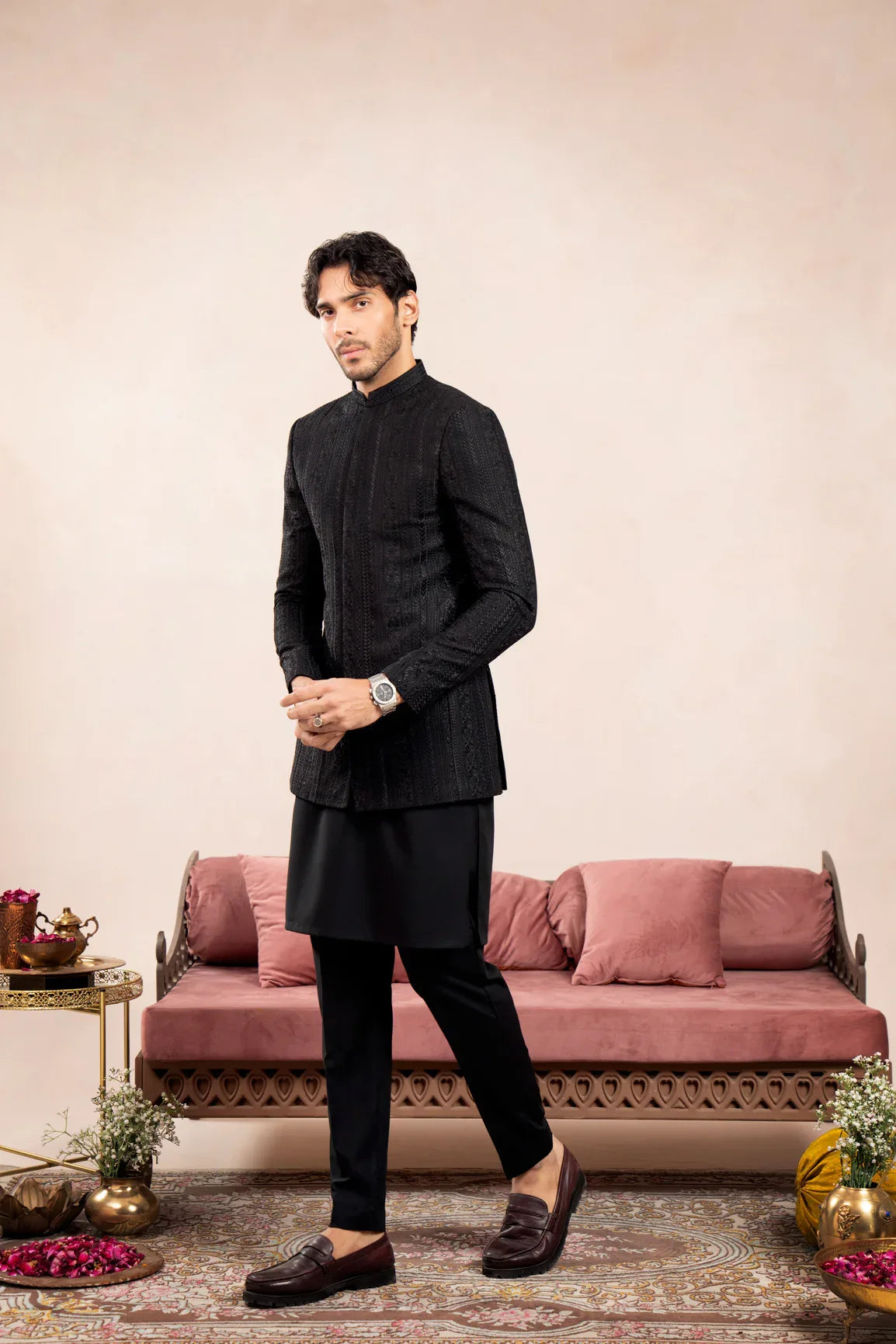 Black Cross Stitched Embroidered Prince Coat - Men - Muraqsh -- Wedding Wear