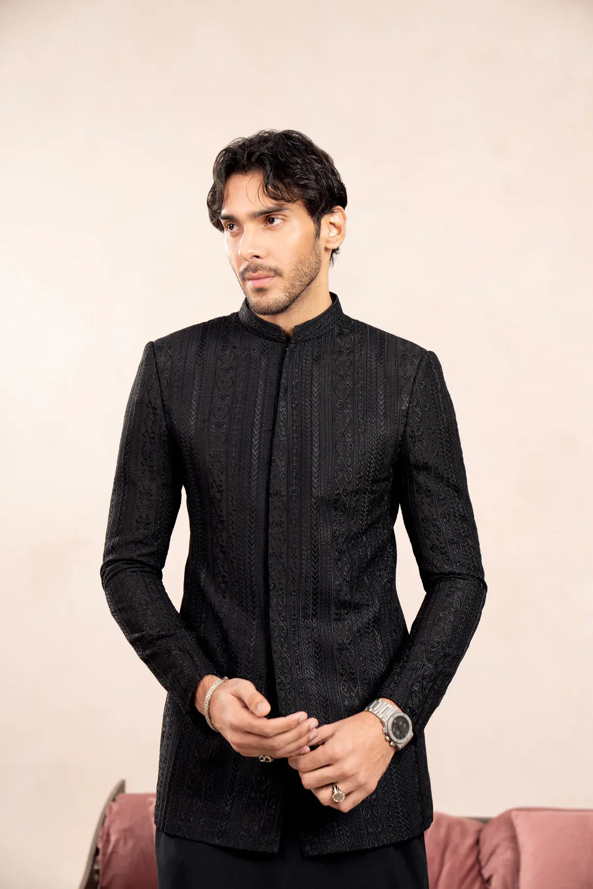 Black Cross Stitched Embroidered Prince Coat - Men - Muraqsh -- Wedding Wear
