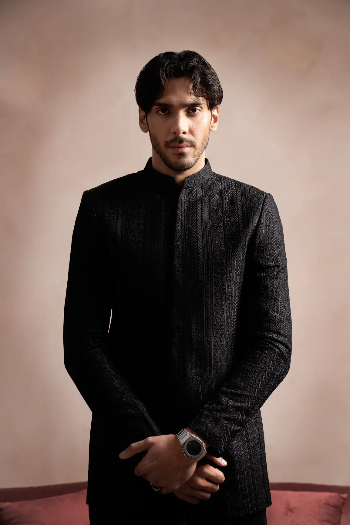 Black Cross Stitched Embroidered Prince Coat - Men - Muraqsh -- Wedding Wear