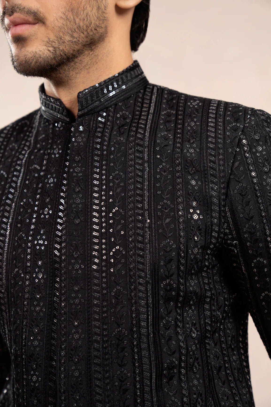 Black Falling Embroidered - Pani Sequin Prince Coat - Men - Muraqsh -- Wedding Wear