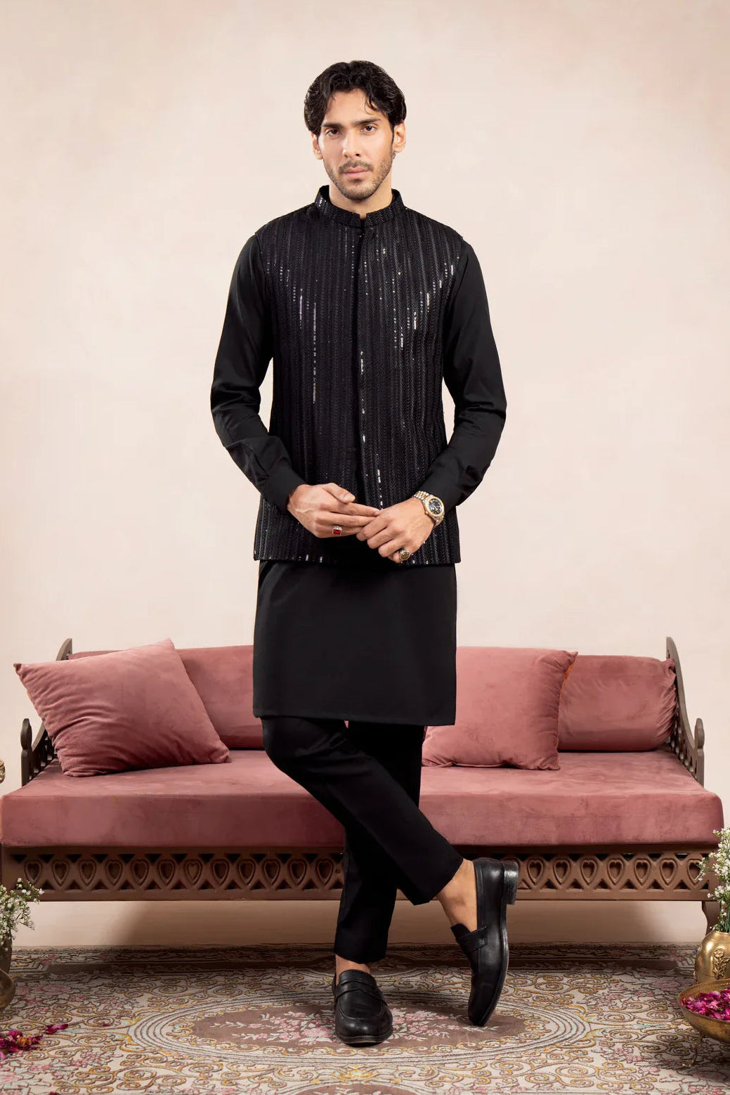 Black Kurta Trouser with Falling Arrow Embroidered Waistcoat - 3PC - Men - Muraqsh -- Wedding Wear
