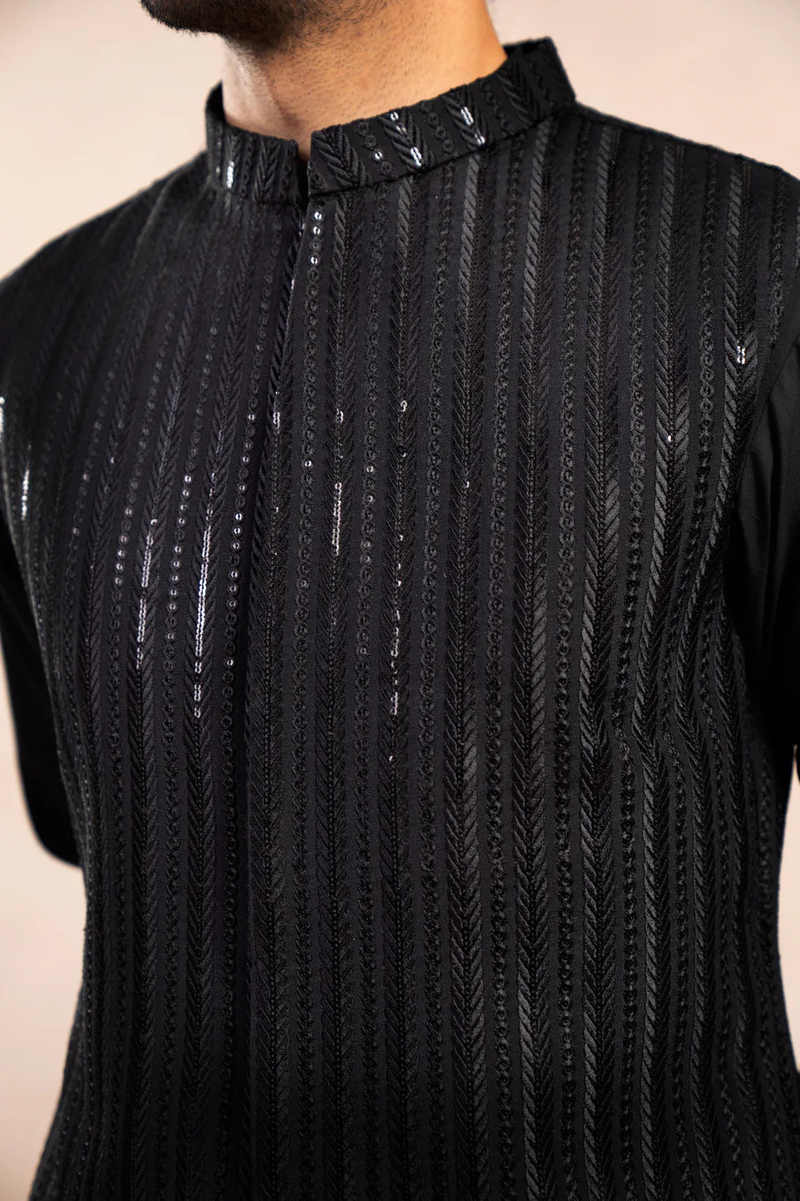 Black Kurta Trouser with Falling Arrow Embroidered Waistcoat - 3PC - Men - Muraqsh -- Wedding Wear