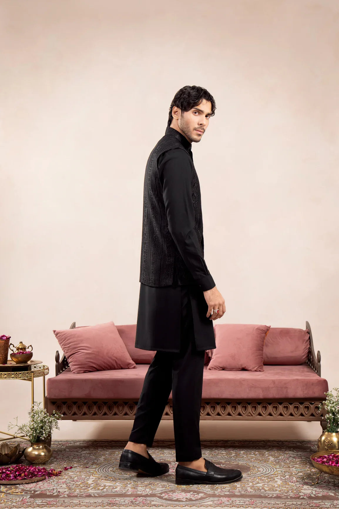 Black Cross Stitched Embroidered Waistcoat - Men - Muraqsh -- Wedding Wear