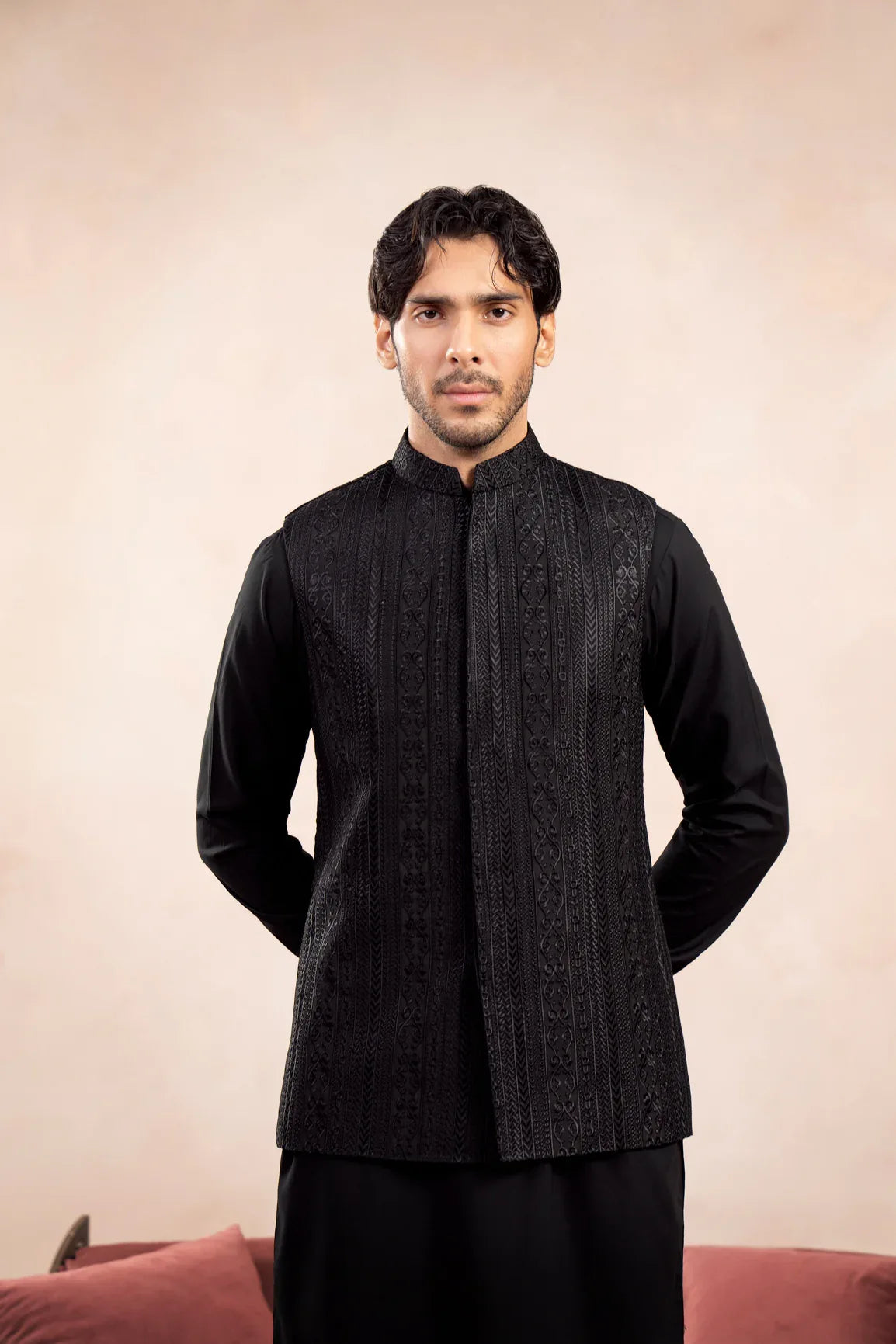 Black Kurta Trouser with Cross Stitched Embroidered Waistcoat - 3PC - Men - Muraqsh -- Wedding Wear
