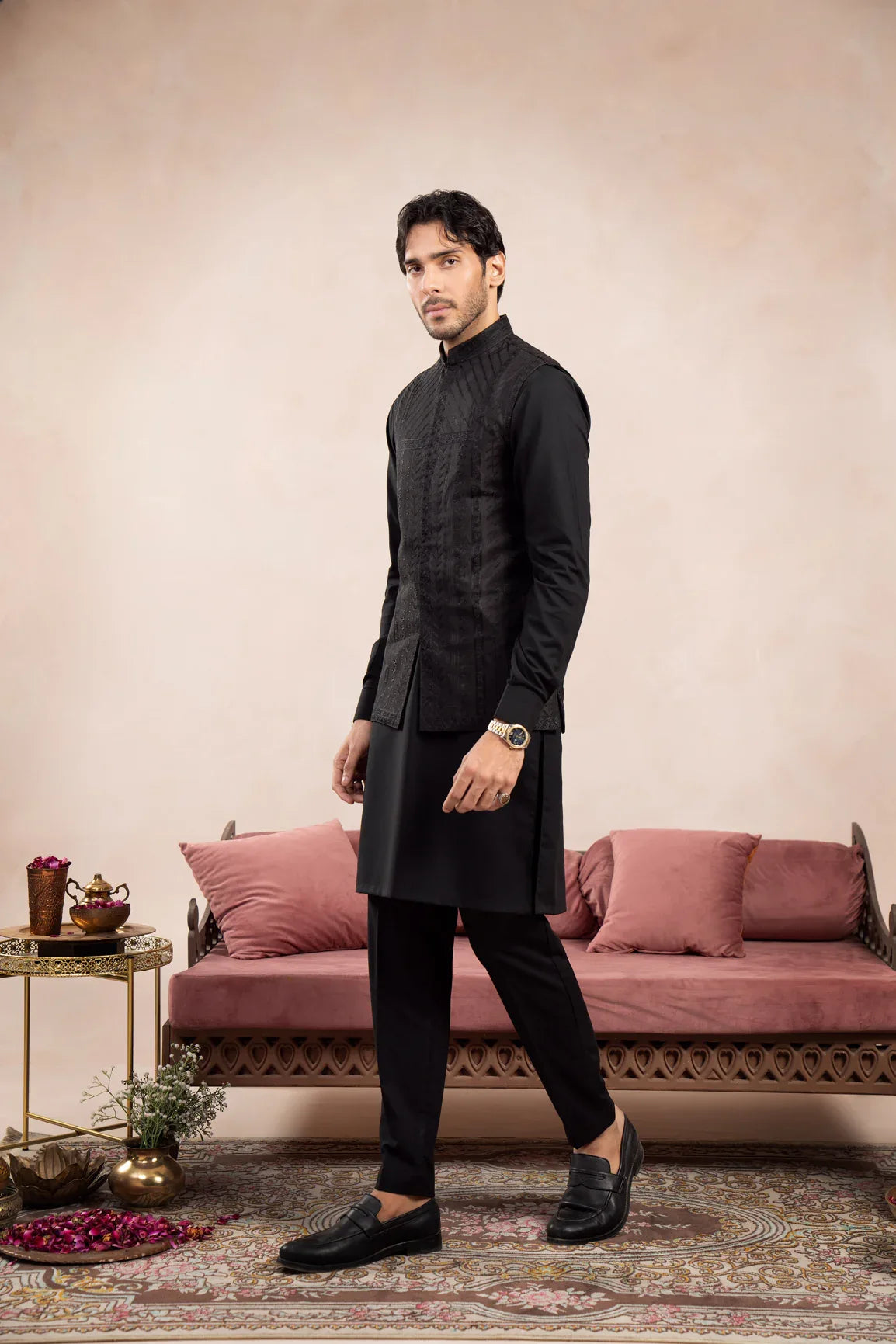 Black Royal Embroidered Waistcoat - Men - Muraqsh -- Wedding Wear