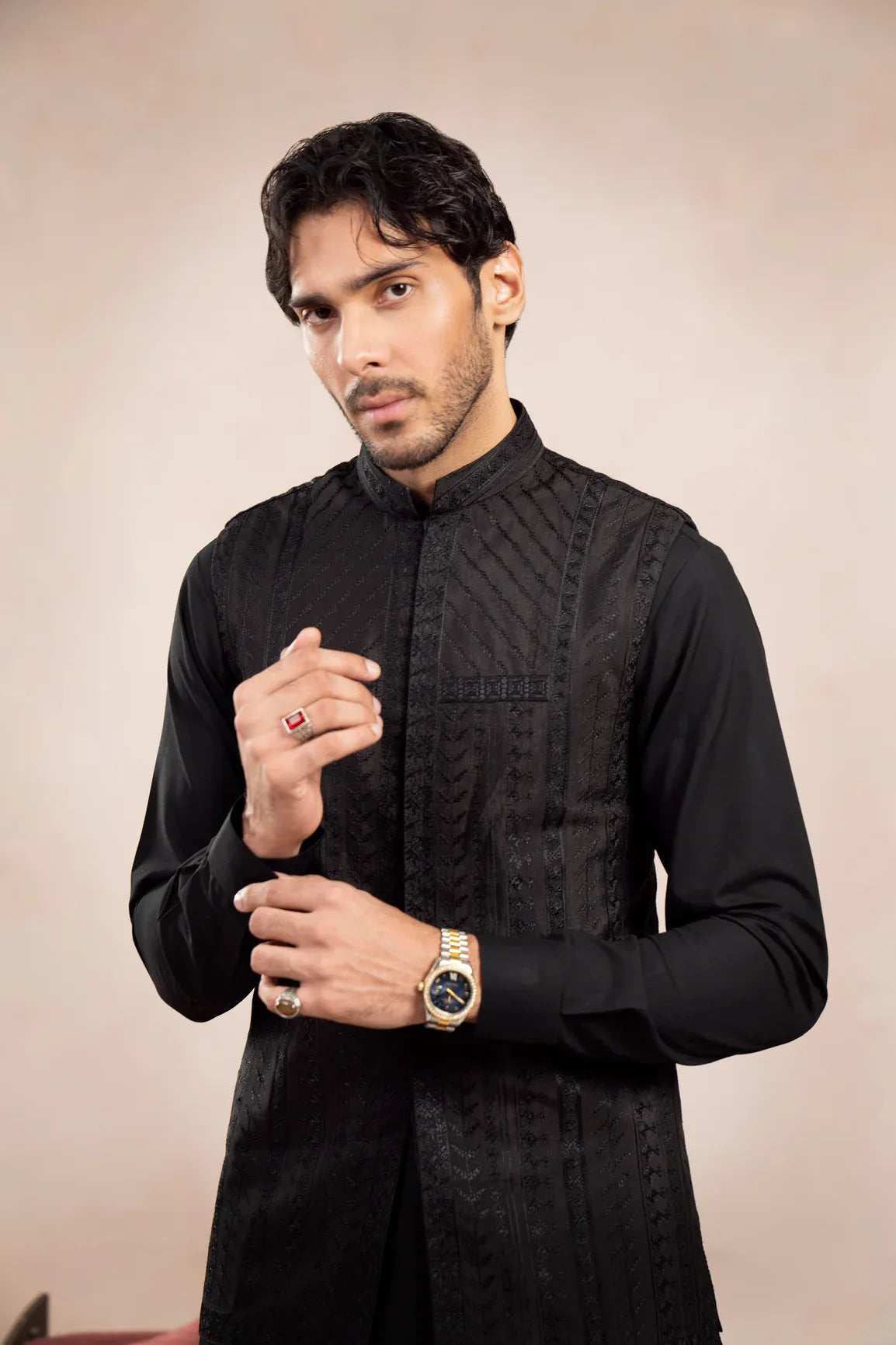 Black Royal Embroidered Waistcoat - Men - Muraqsh -- Wedding Wear