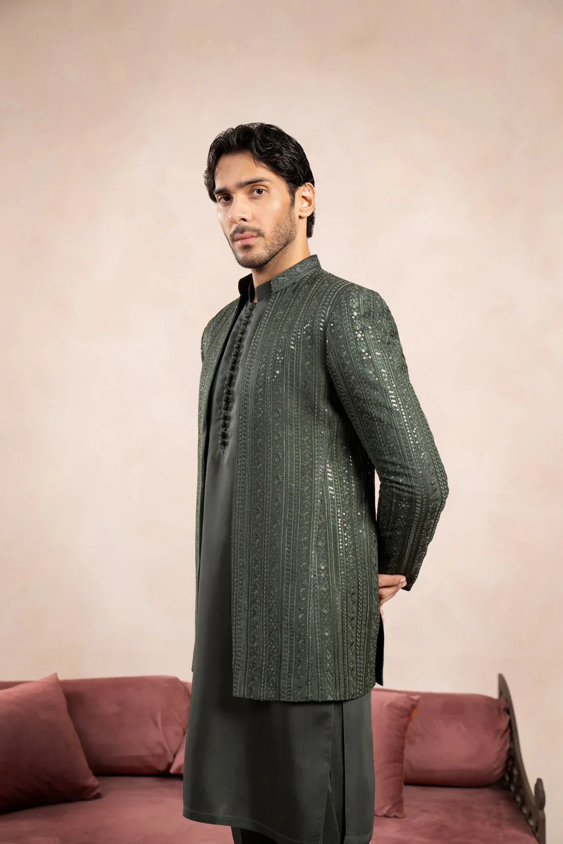 Olive Green Falling Embroidered Open Prince Coat - Men - Muraqsh -- Wedding Wear